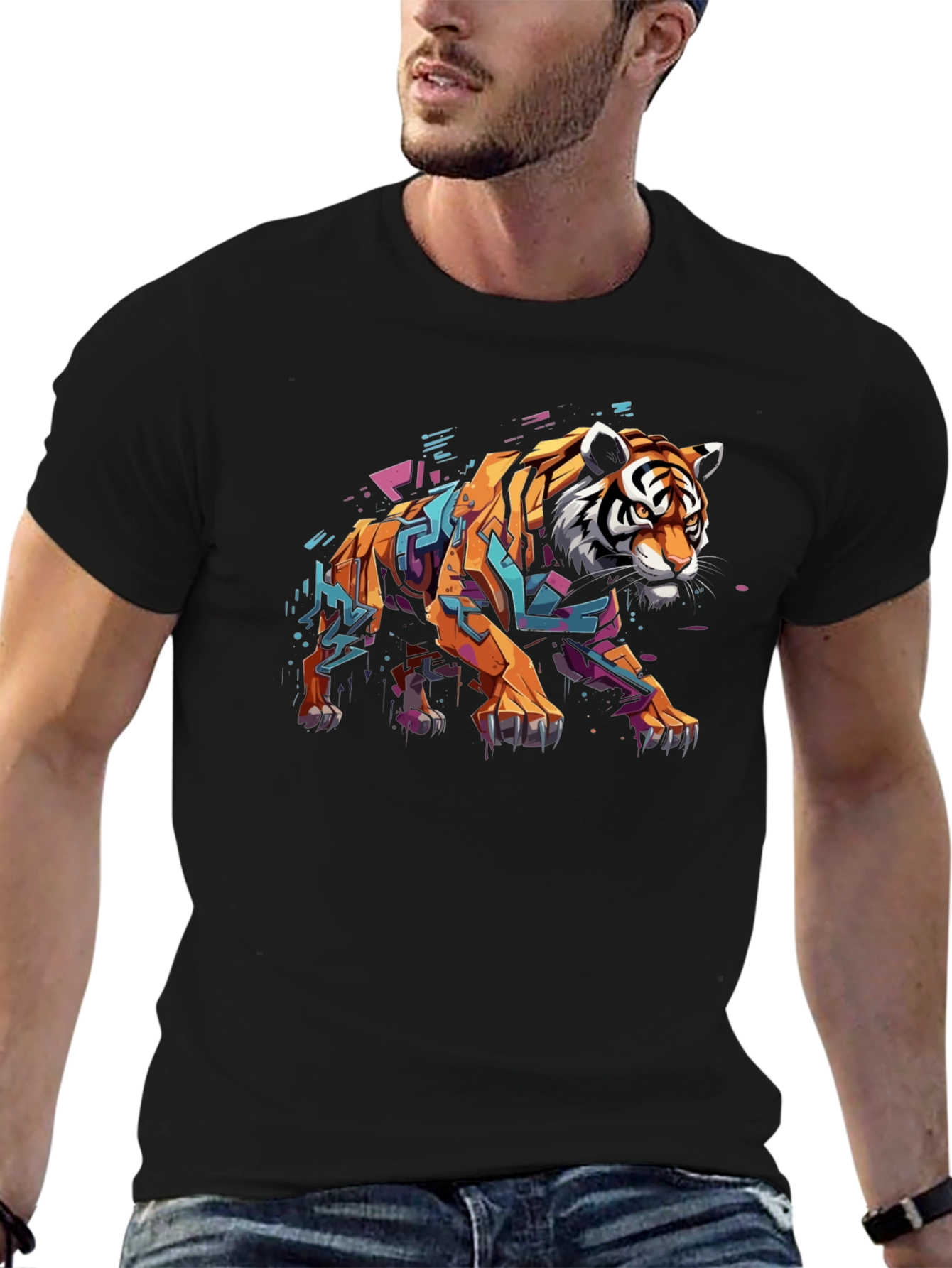 Stylish Tiger Graphic Print Black T-Shirt