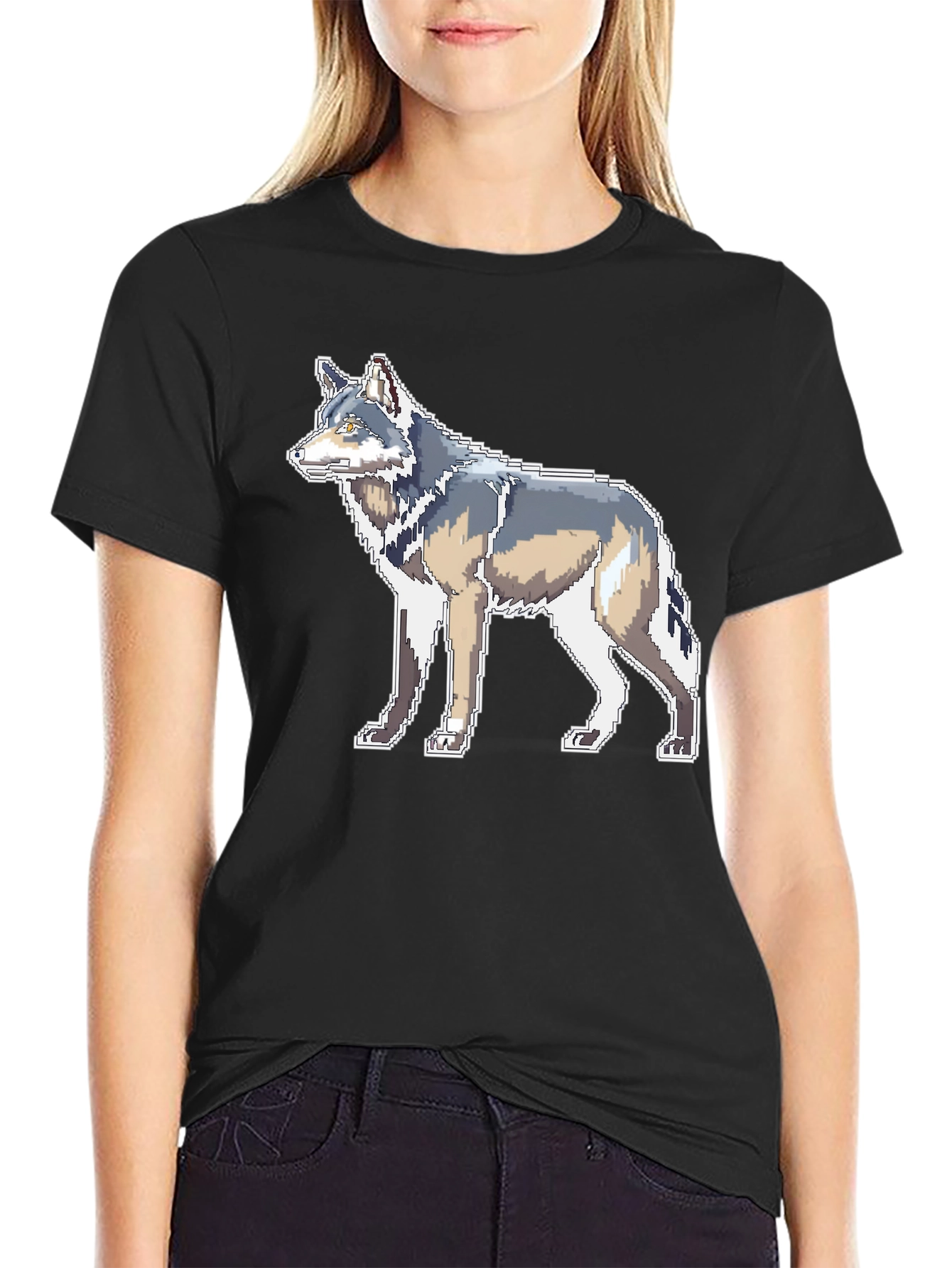 Pixelated Wolf Graphic Black T-Shirt