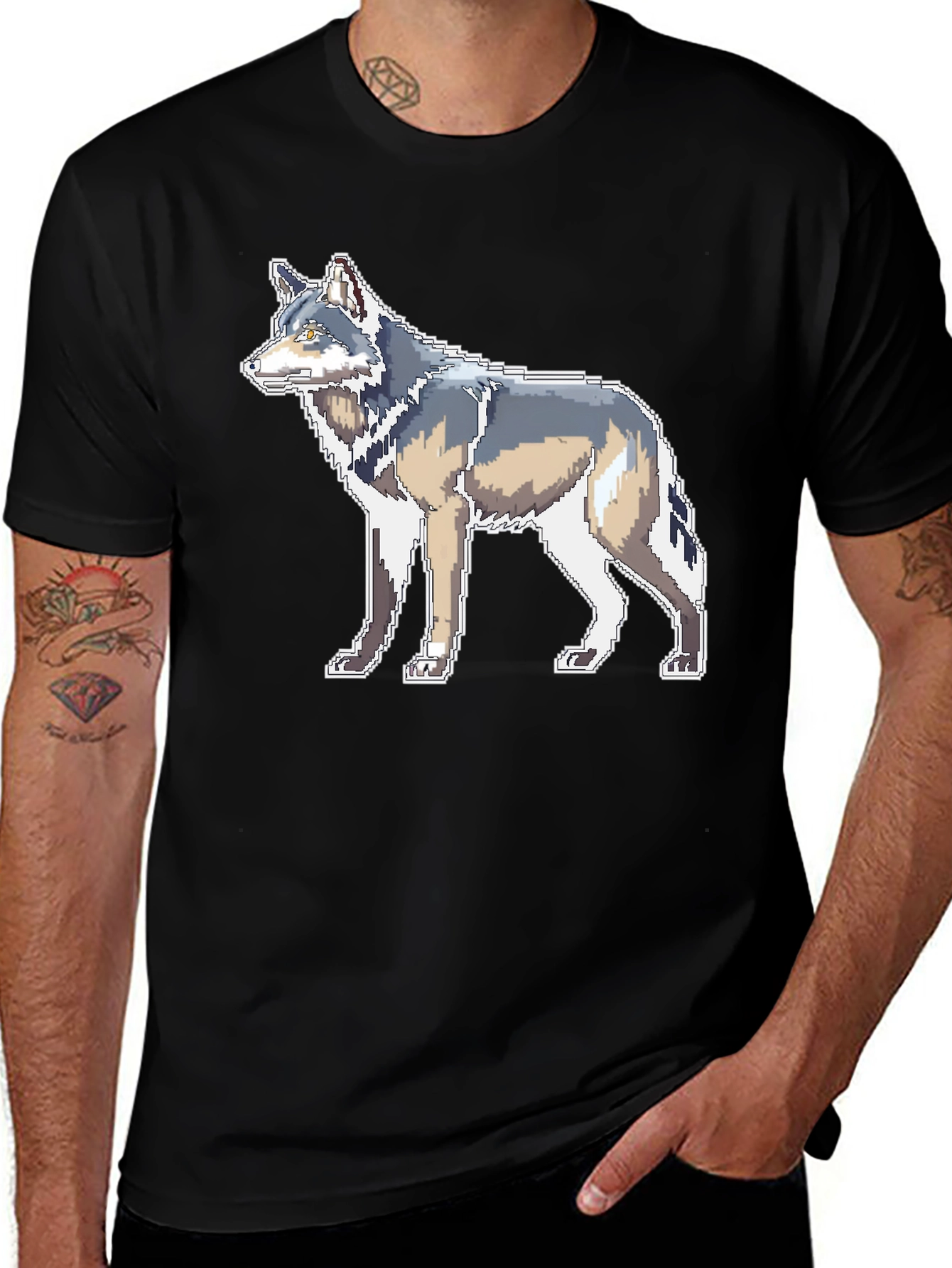 Pixelated Wolf Graphic Black T-Shirt