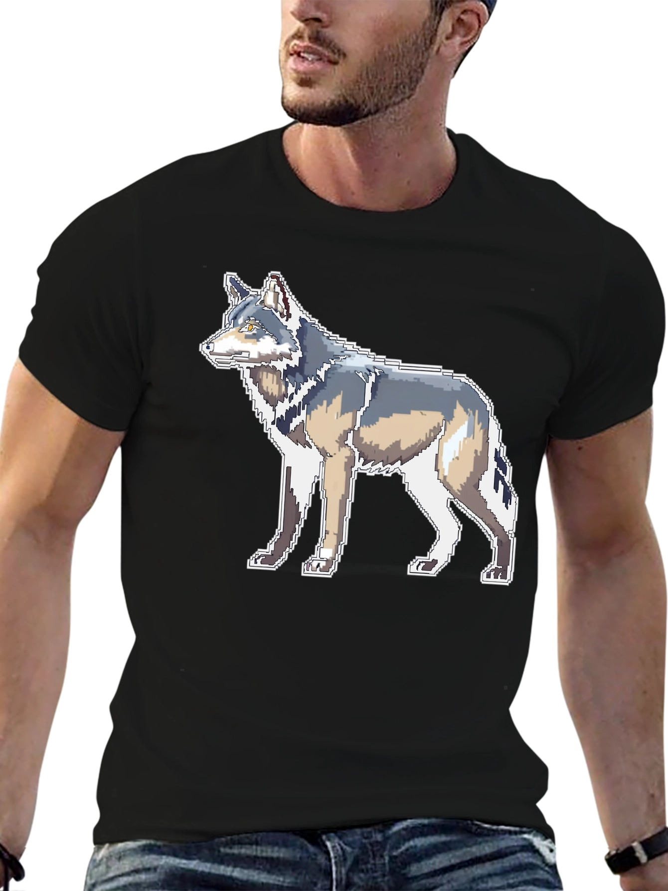 Pixelated Wolf Graphic Black T-Shirt