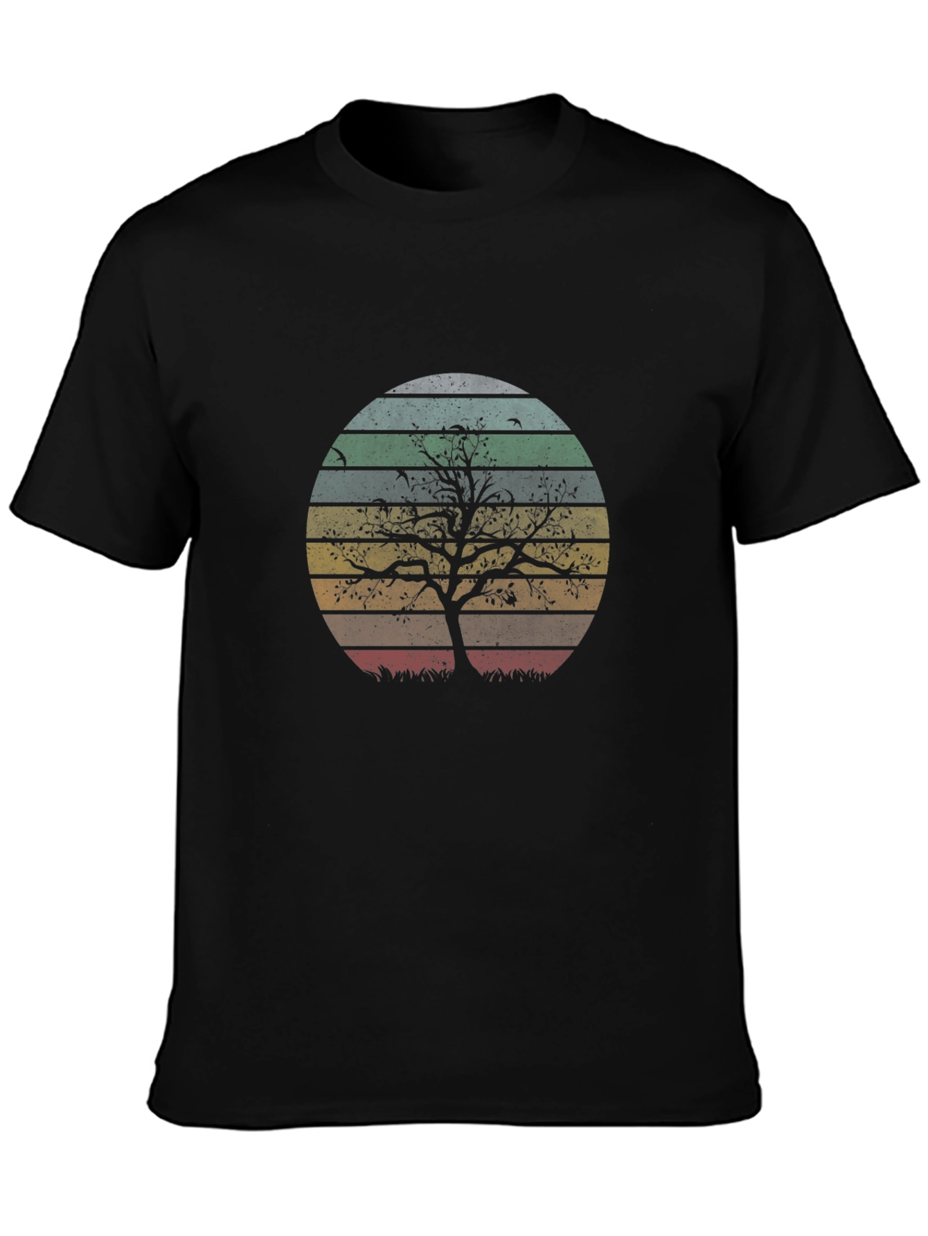 Retro Sunset Tree Graphic Tee - Black Cotton Blend