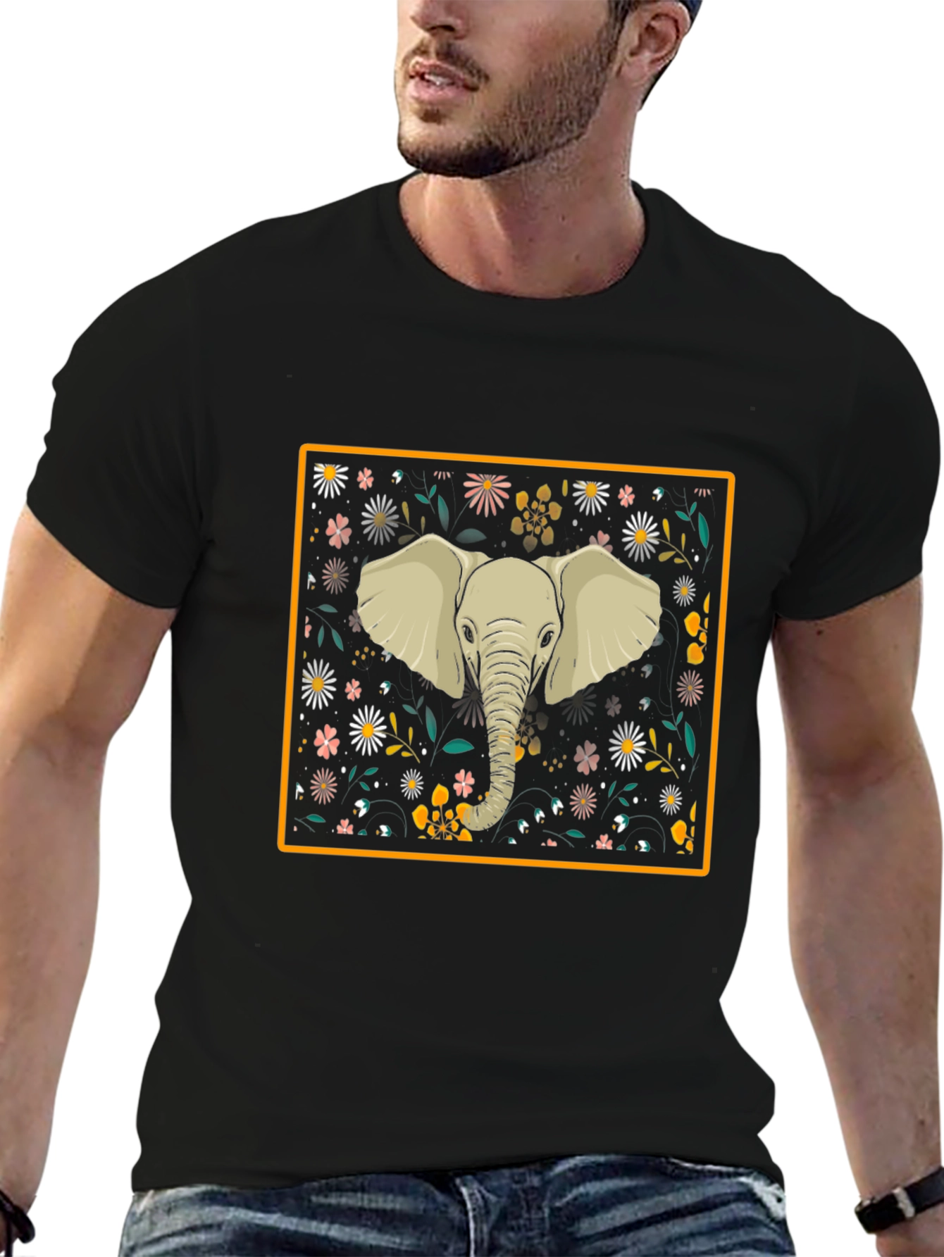Elephant Floral Graphic Tee - Black