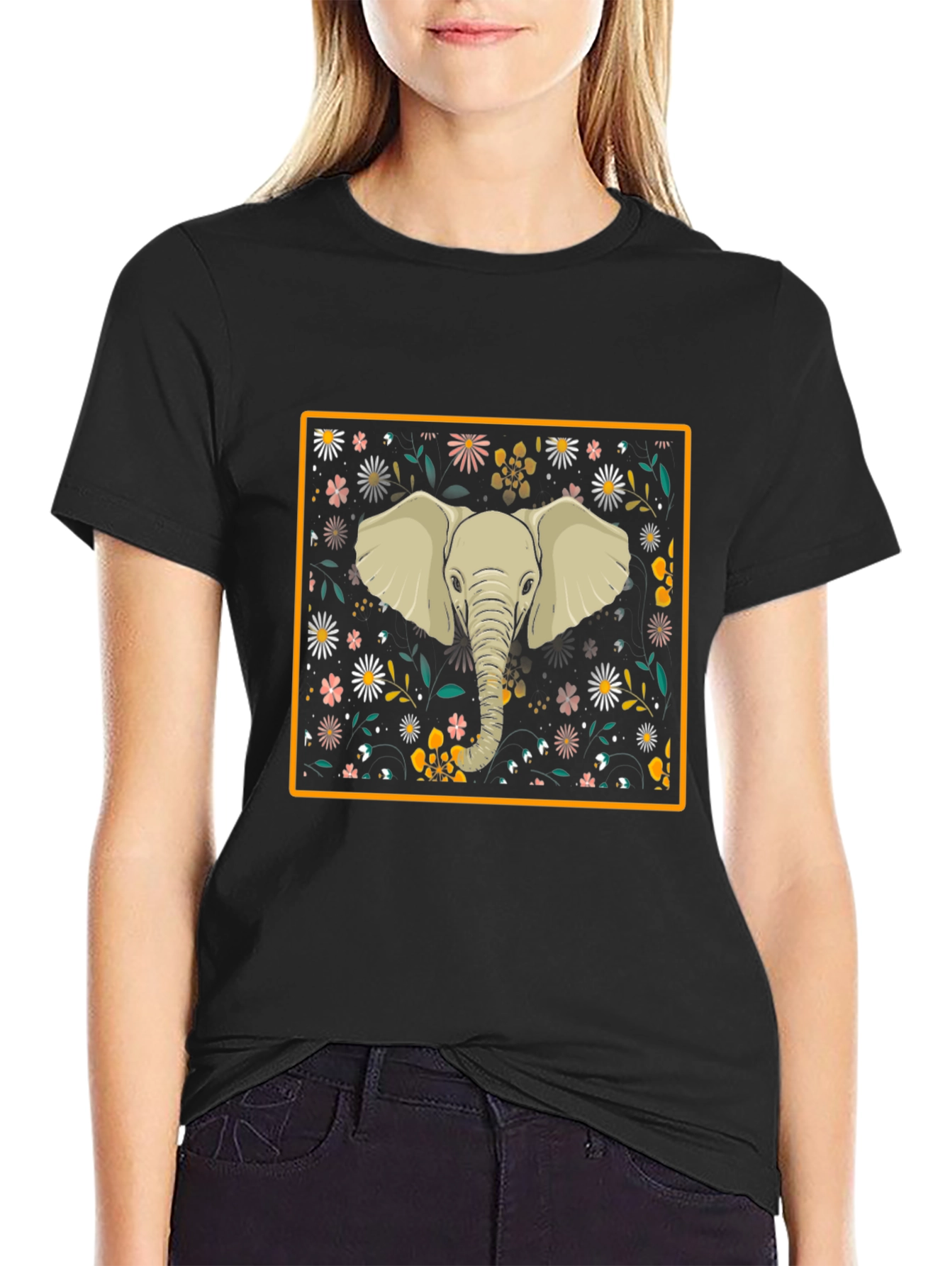 Elephant Floral Graphic Tee - Black