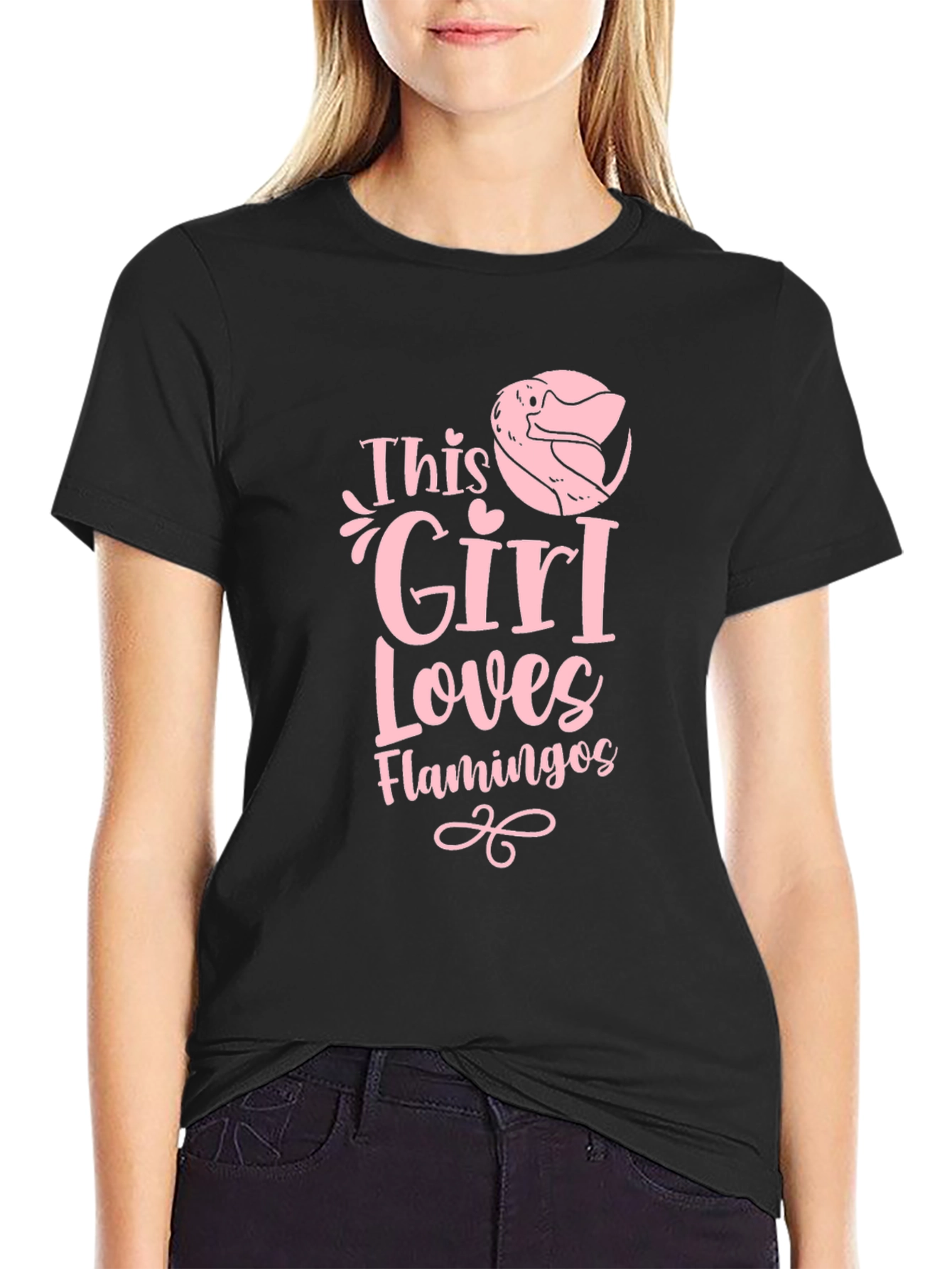 Girl Loves Flamingos Black Graphic Tee