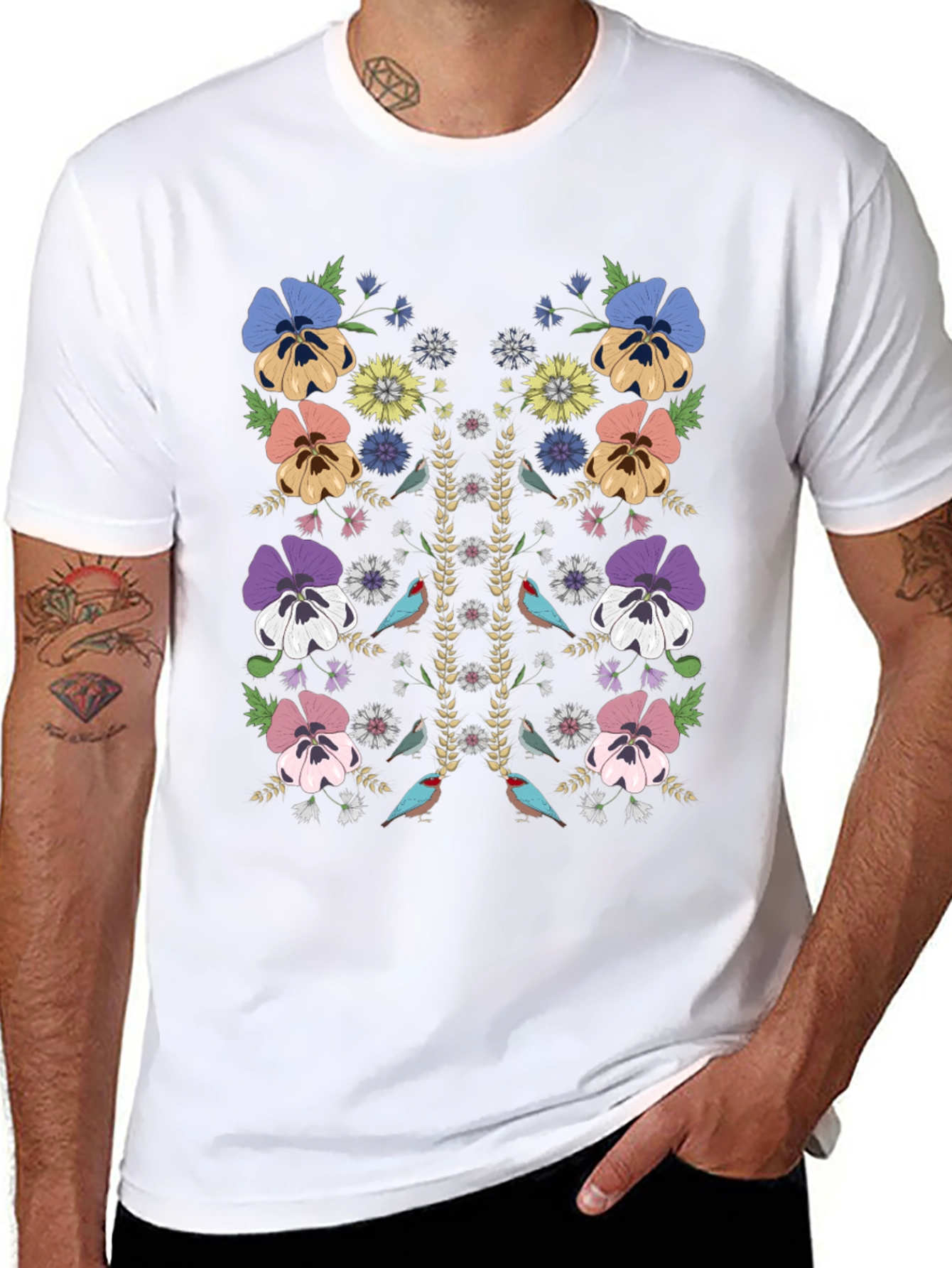 Floral & Birds Graphic Print Mens T-Shirt
