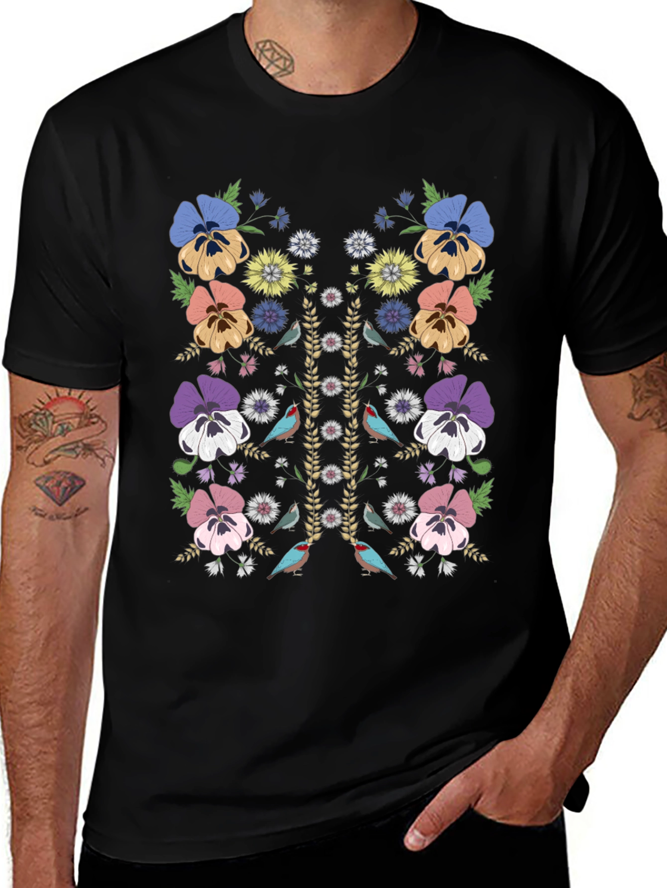 Floral & Birds Graphic Print Mens T-Shirt