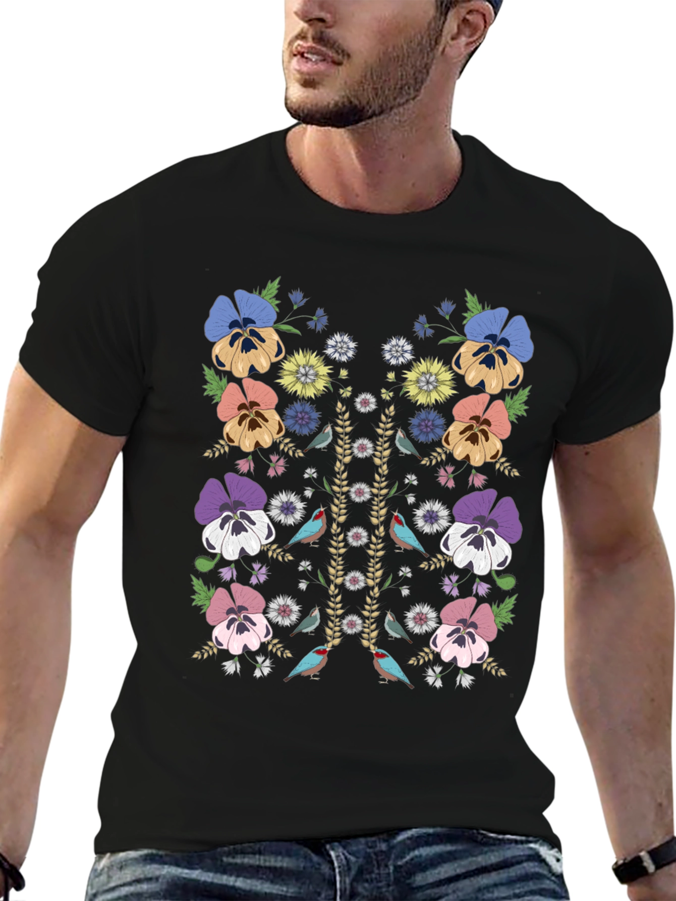 Floral & Birds Graphic Print Mens T-Shirt