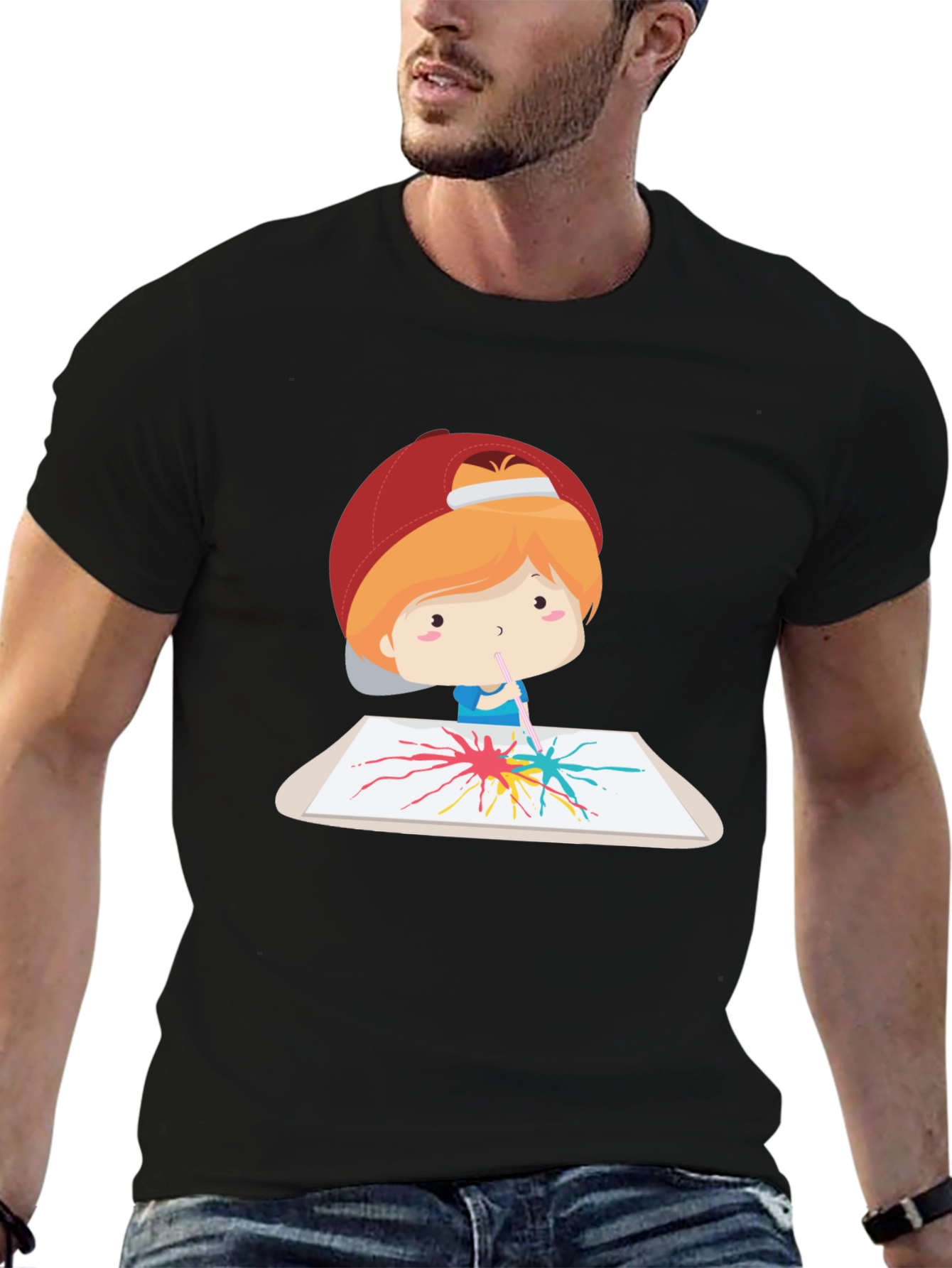 Artistic Kid Graphic Tee - Black Cotton Casual T-Shirt