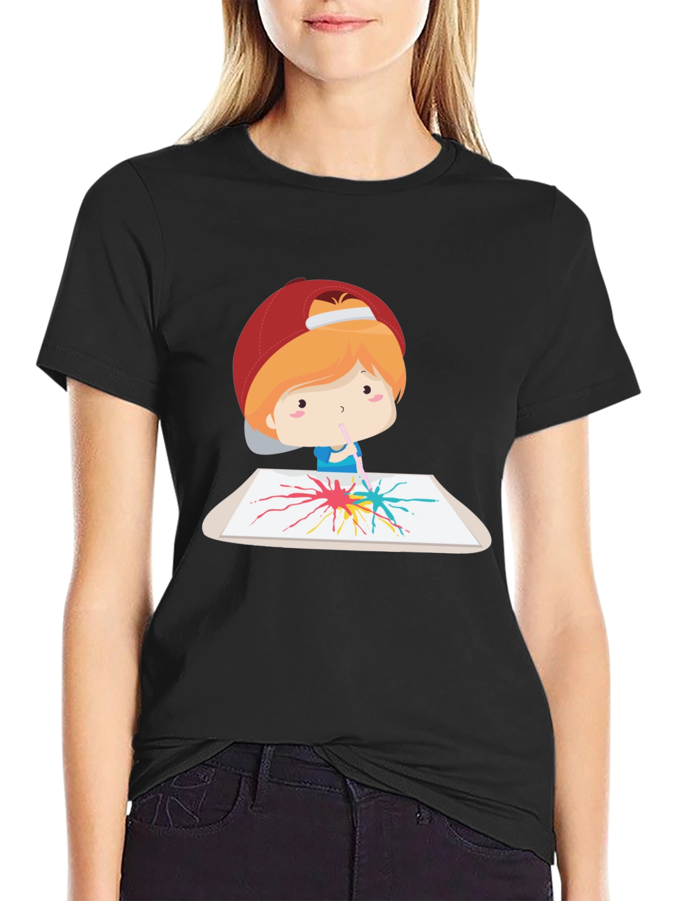 Artistic Kid Graphic Tee - Black Cotton Casual T-Shirt