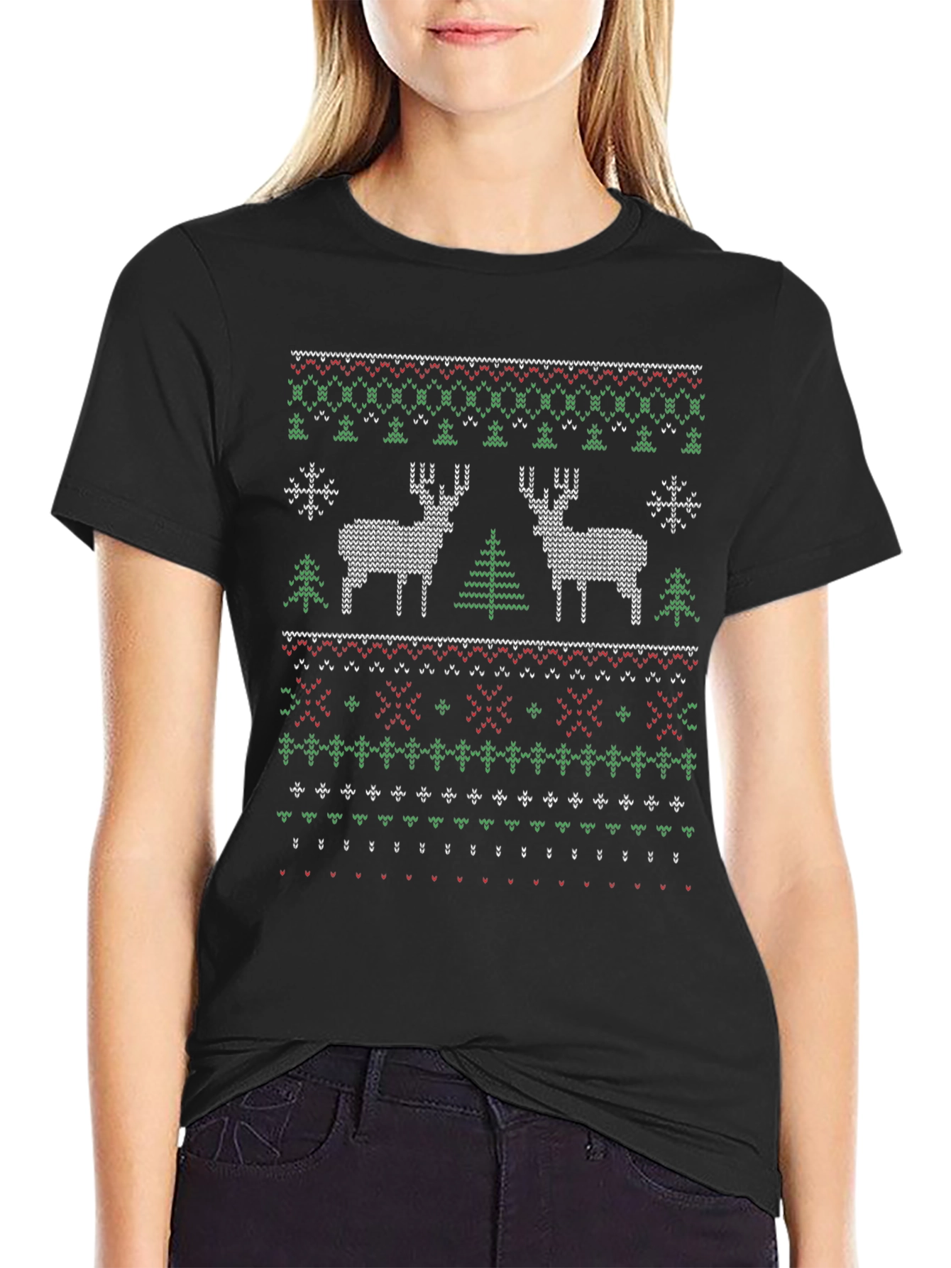 Christmas Deer Knit Pattern Black T-Shirt