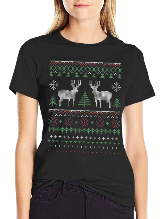 Christmas Deer Knit Pattern Black T-Shirt