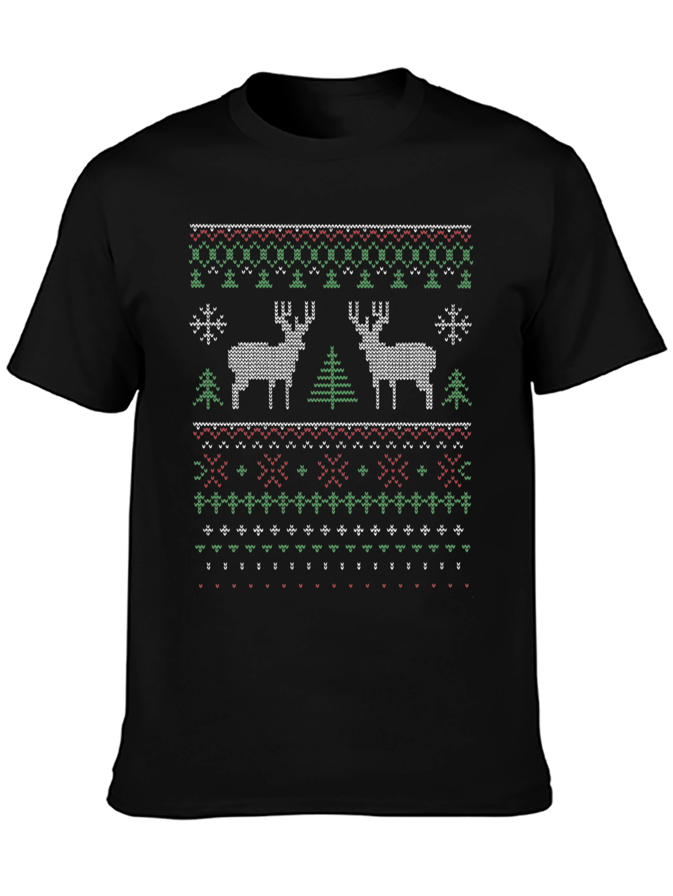 Christmas Deer Knit Pattern Black T-Shirt