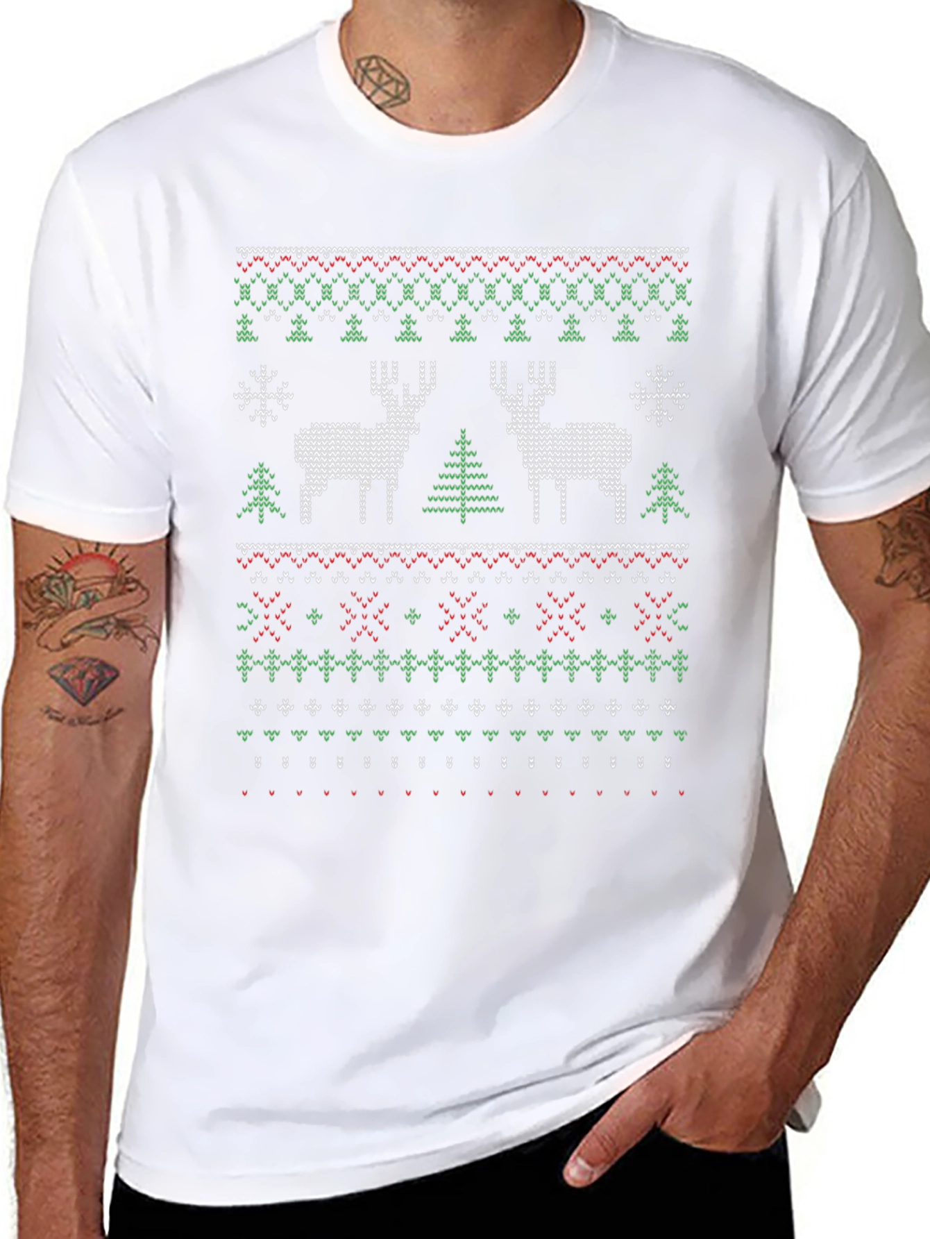 Christmas Deer Knit Pattern Black T-Shirt