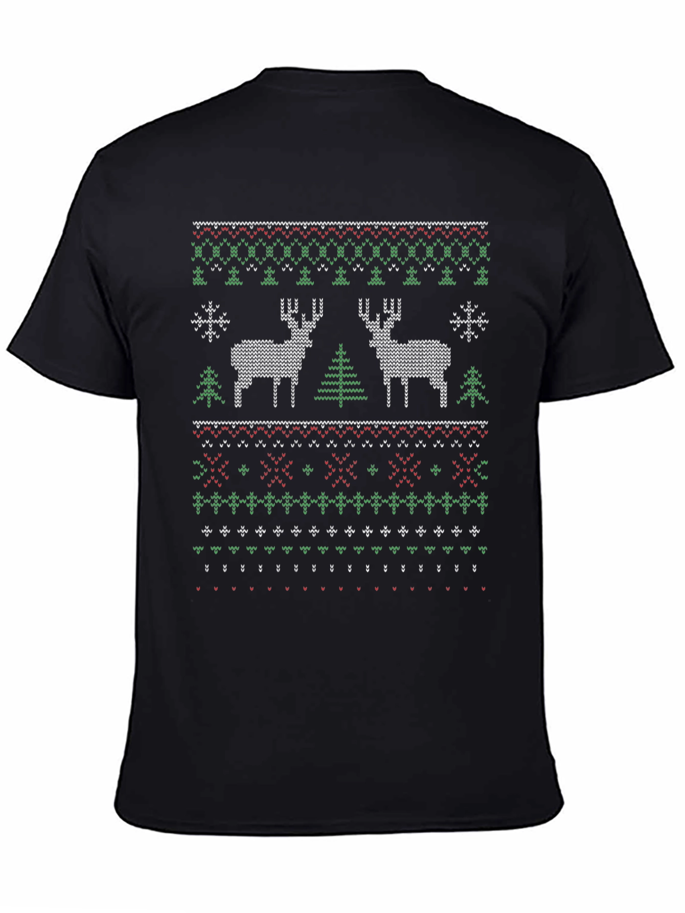 Christmas Deer Knit Pattern Black T-Shirt