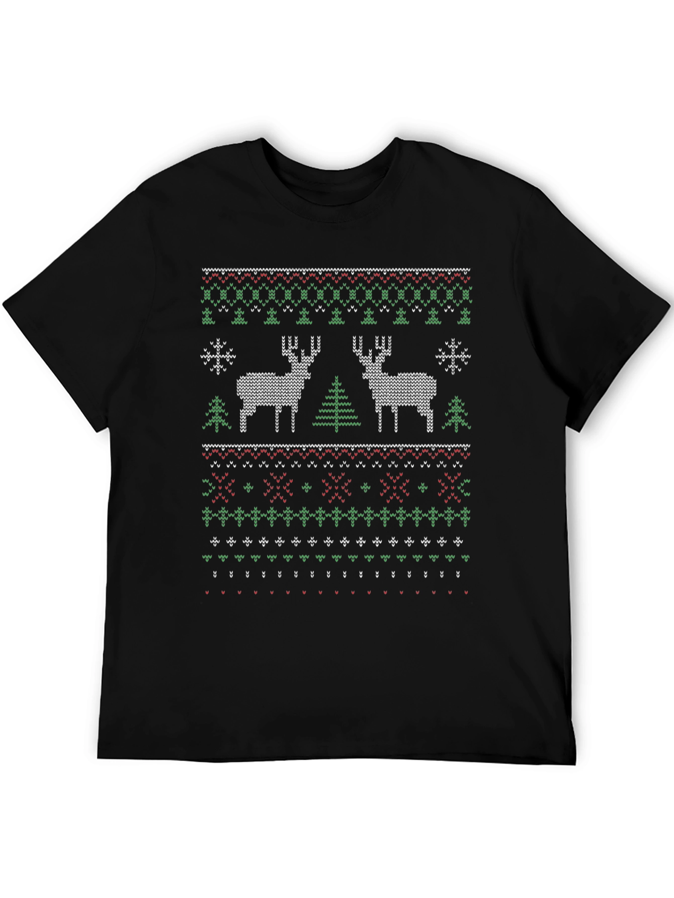 Christmas Deer Knit Pattern Black T-Shirt