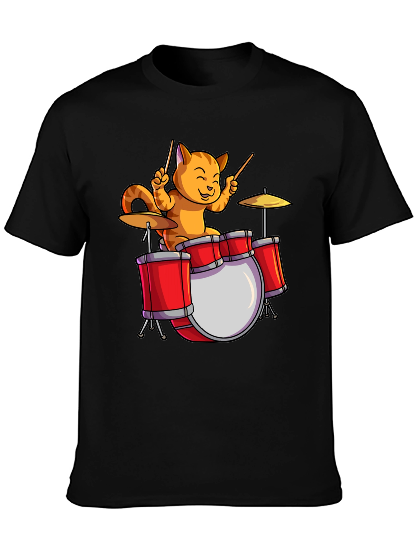 Drummer Cat T-Shirt - Black Cotton Tee