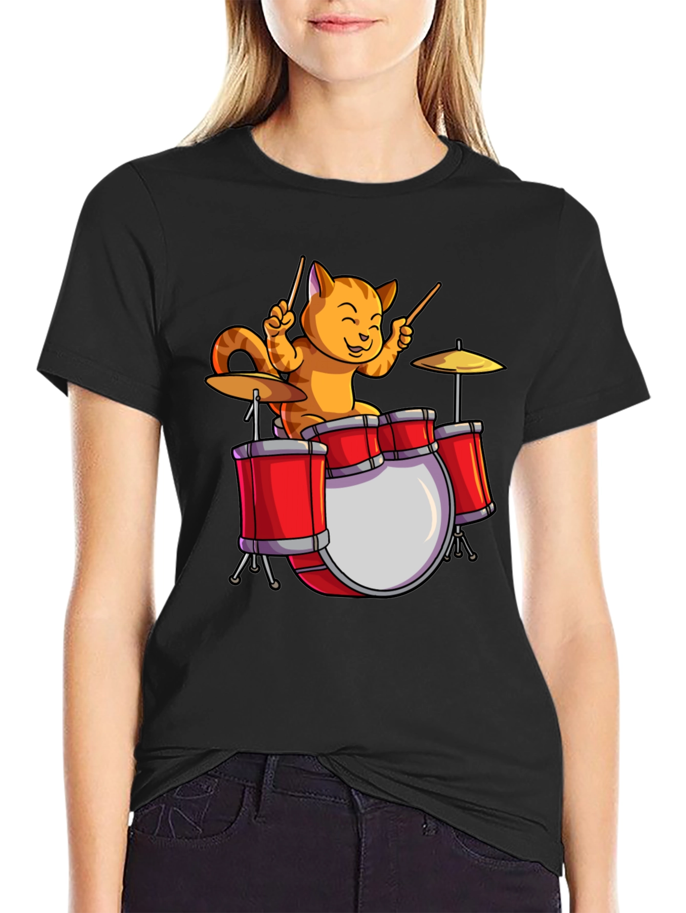 Drummer Cat T-Shirt - Black Cotton Tee