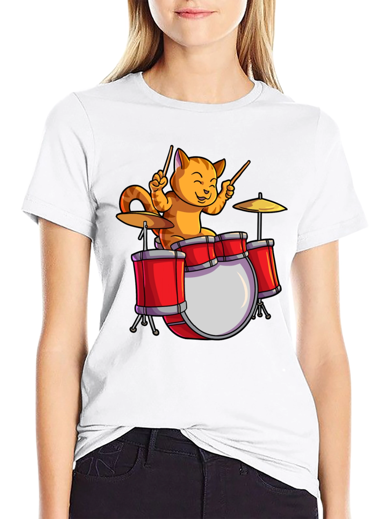 Drummer Cat T-Shirt - Black Cotton Tee