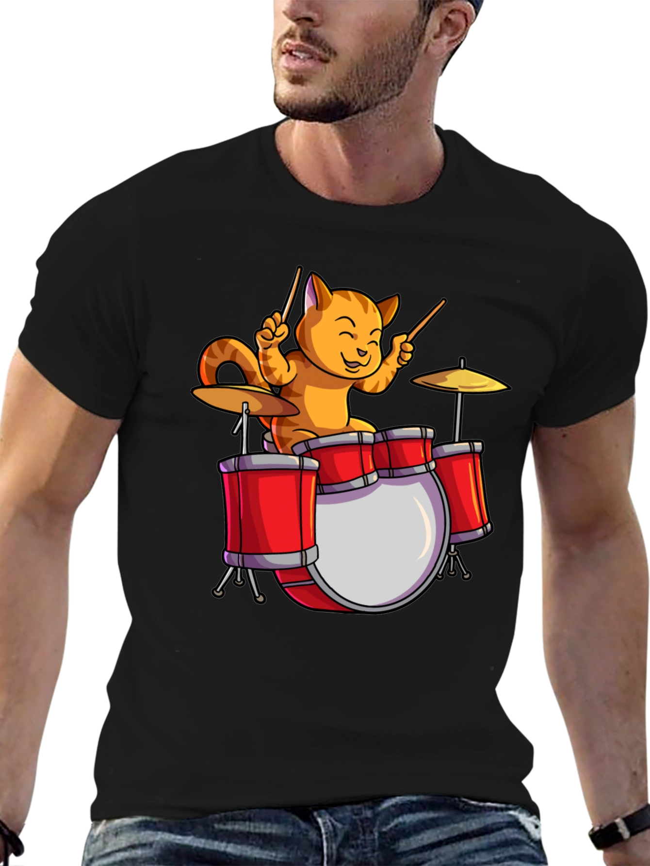 Drummer Cat T-Shirt - Black Cotton Tee