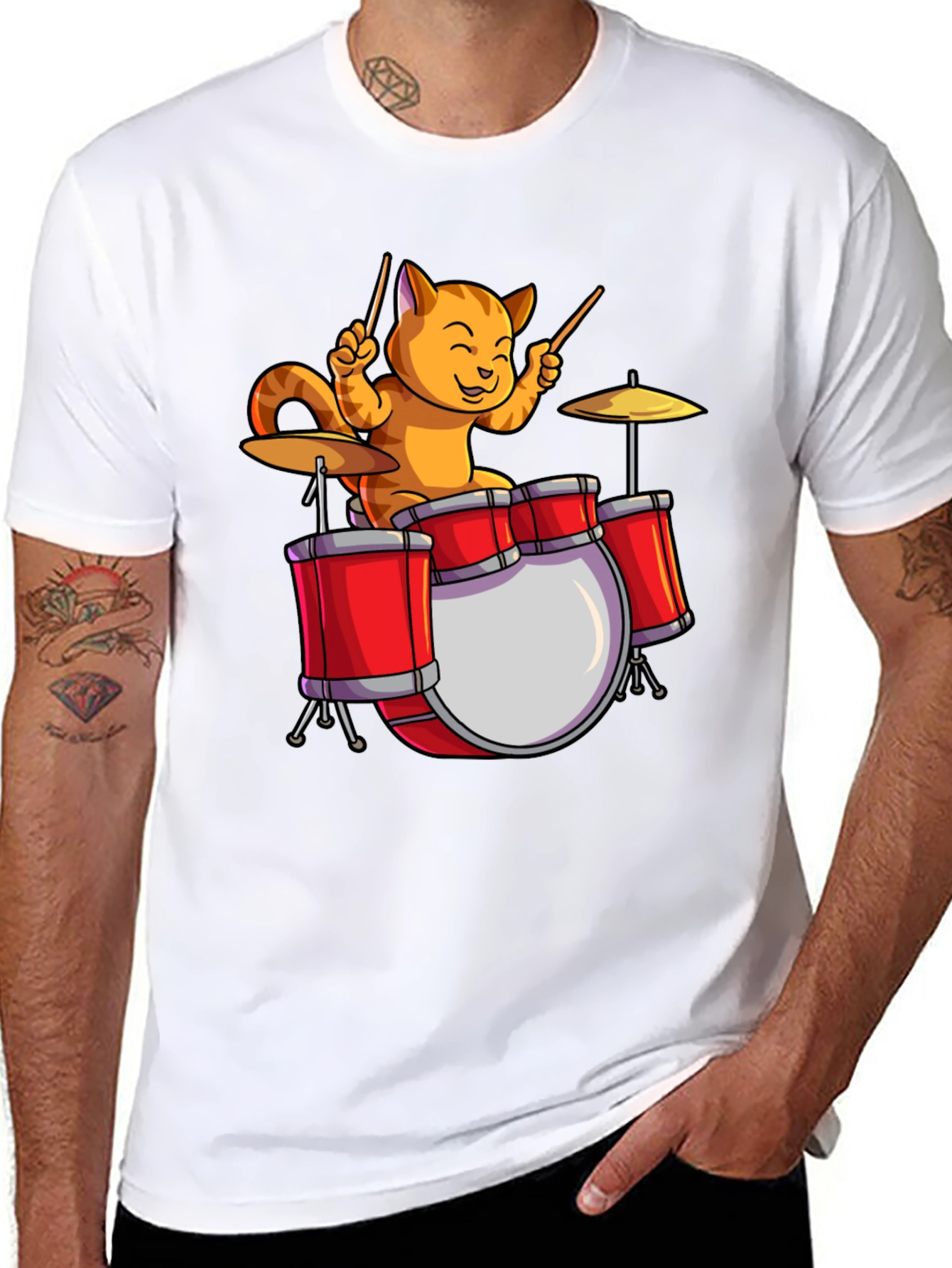 Drummer Cat T-Shirt - Black Cotton Tee