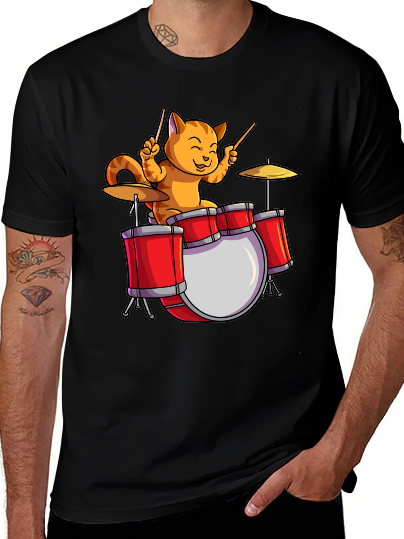Drummer Cat T-Shirt - Black Cotton Tee