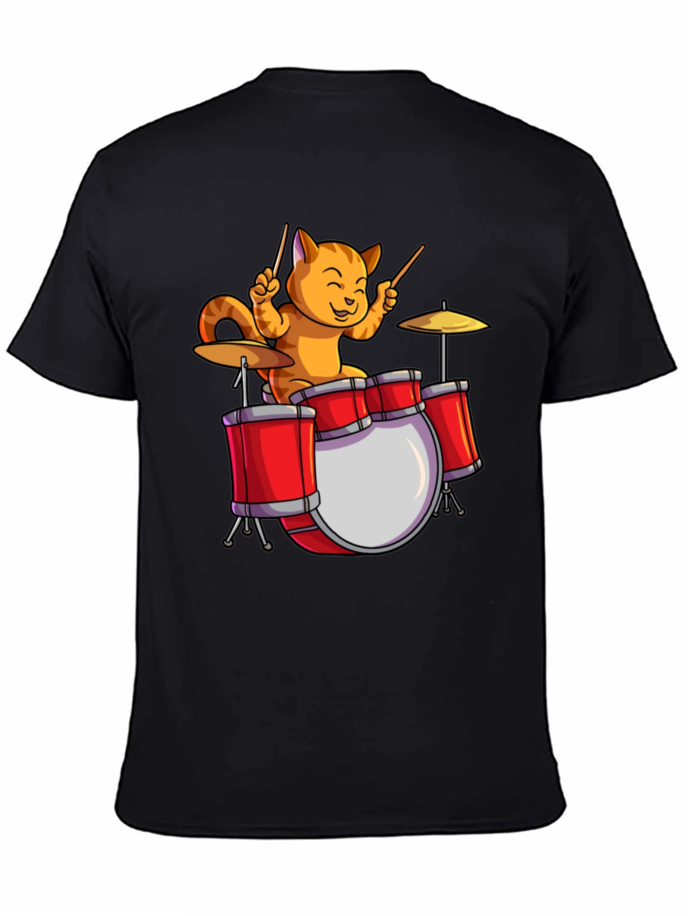 Drummer Cat T-Shirt - Black Cotton Tee