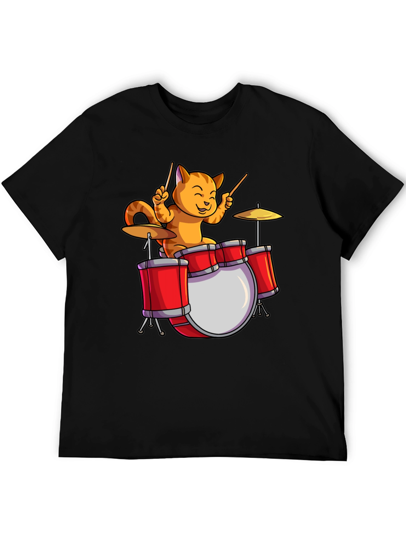 Drummer Cat T-Shirt - Black Cotton Tee
