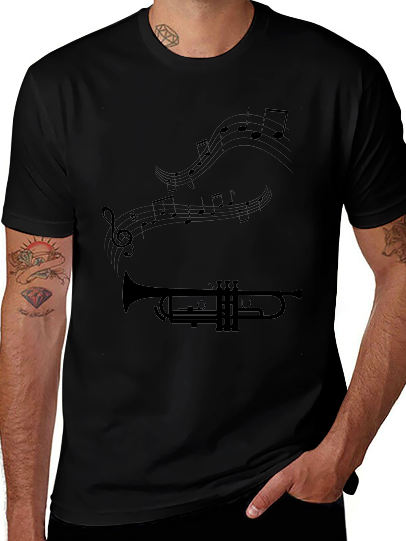Trumpet & Music Note Graphic Black T-Shirt