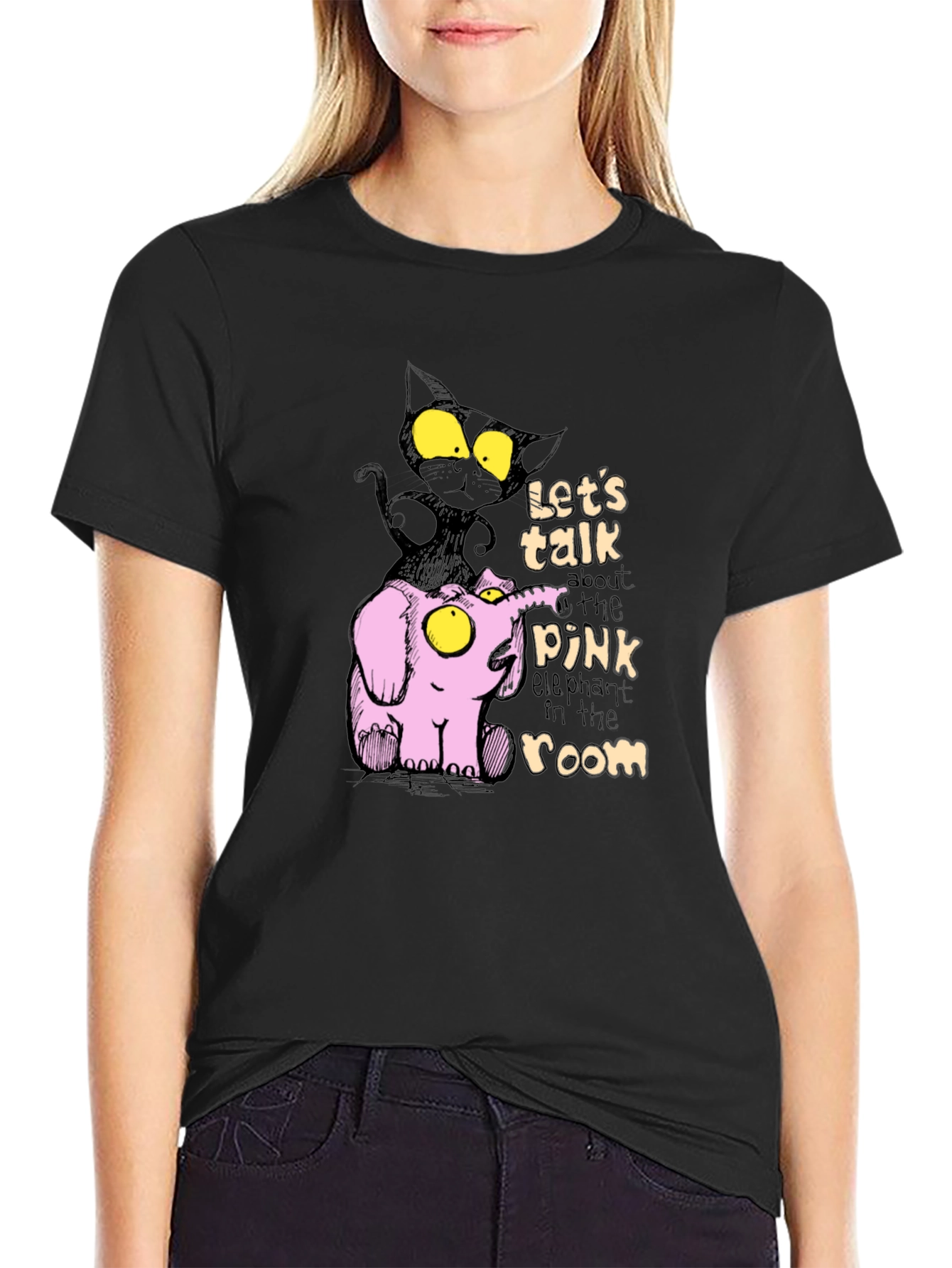 Pink Elephant & Black Cat Graphic T-Shirt