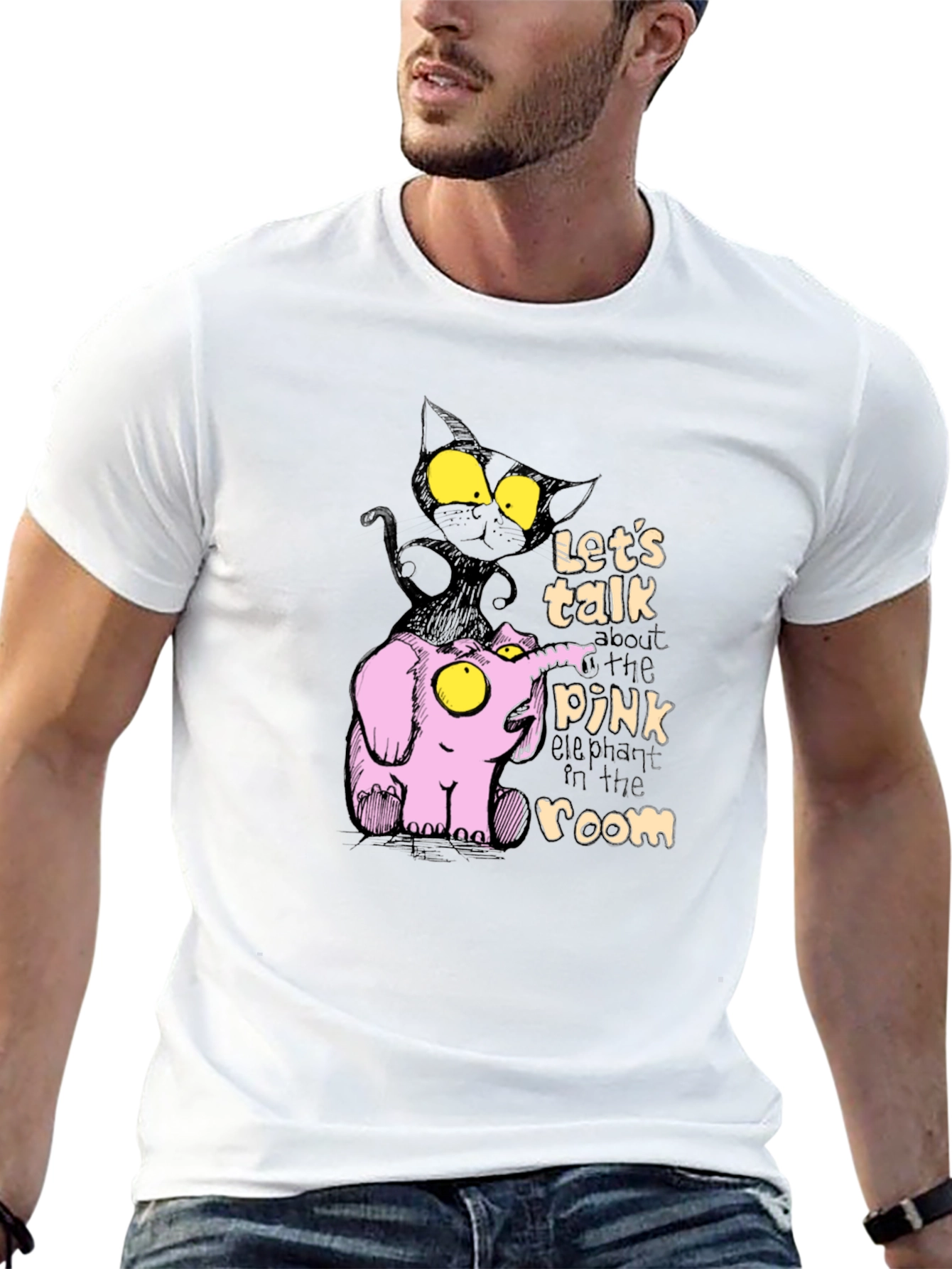 Pink Elephant & Black Cat Graphic T-Shirt