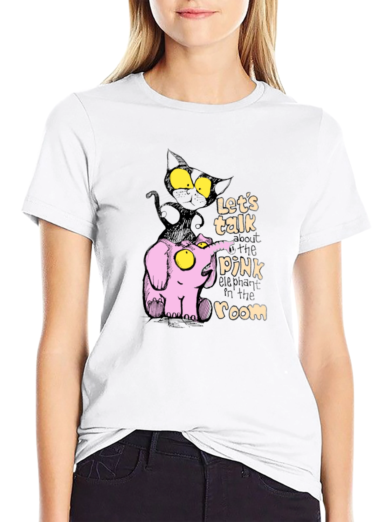 Pink Elephant & Black Cat Graphic T-Shirt