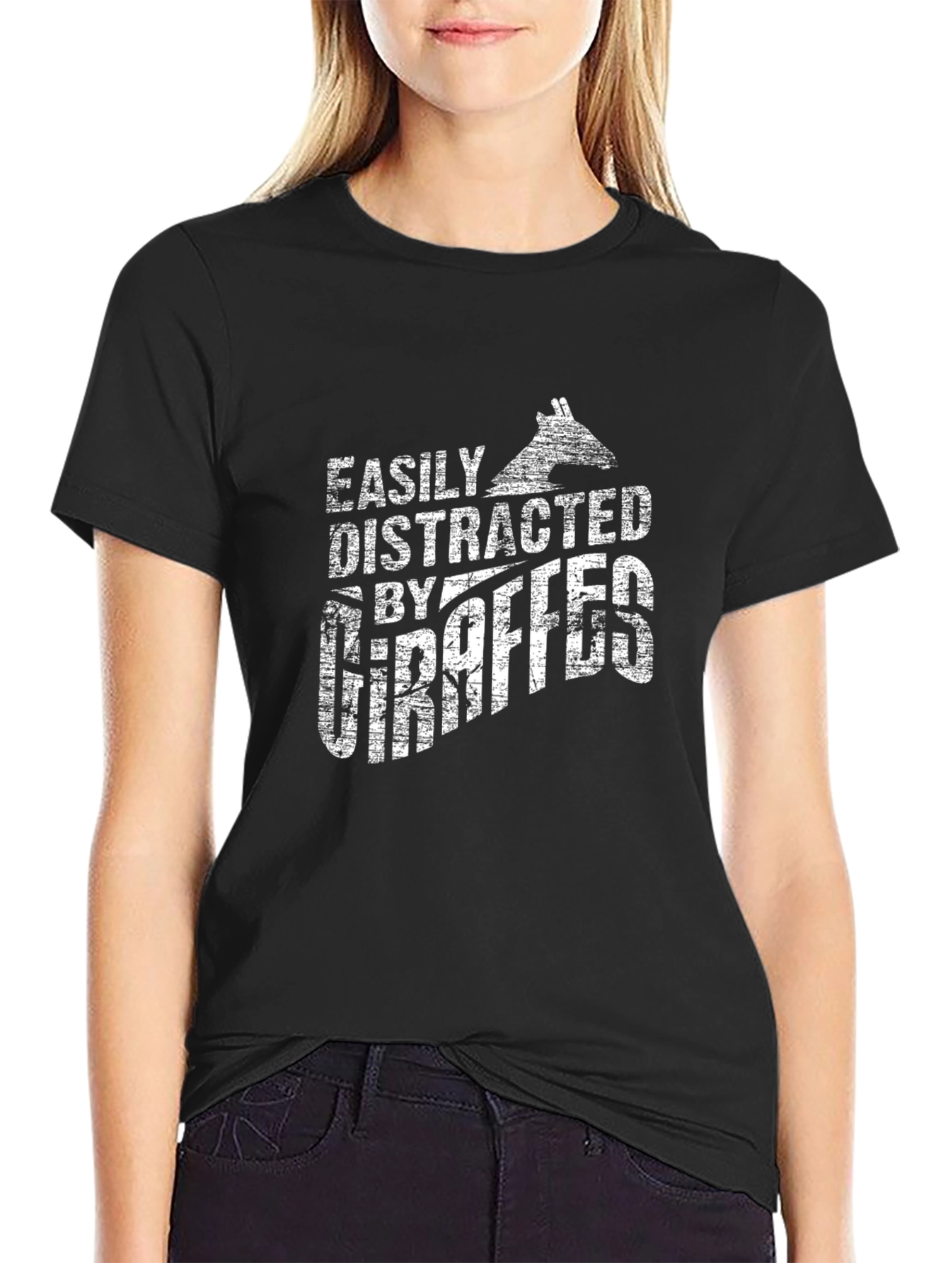 Easily Distracted by Giraffes Graphic Tee - Black