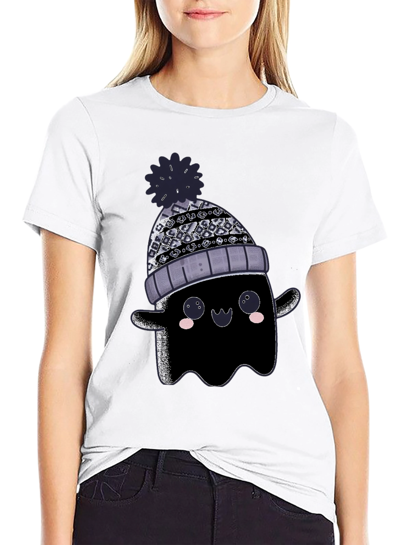 Cute Ghost in Beanie Graphic Tee