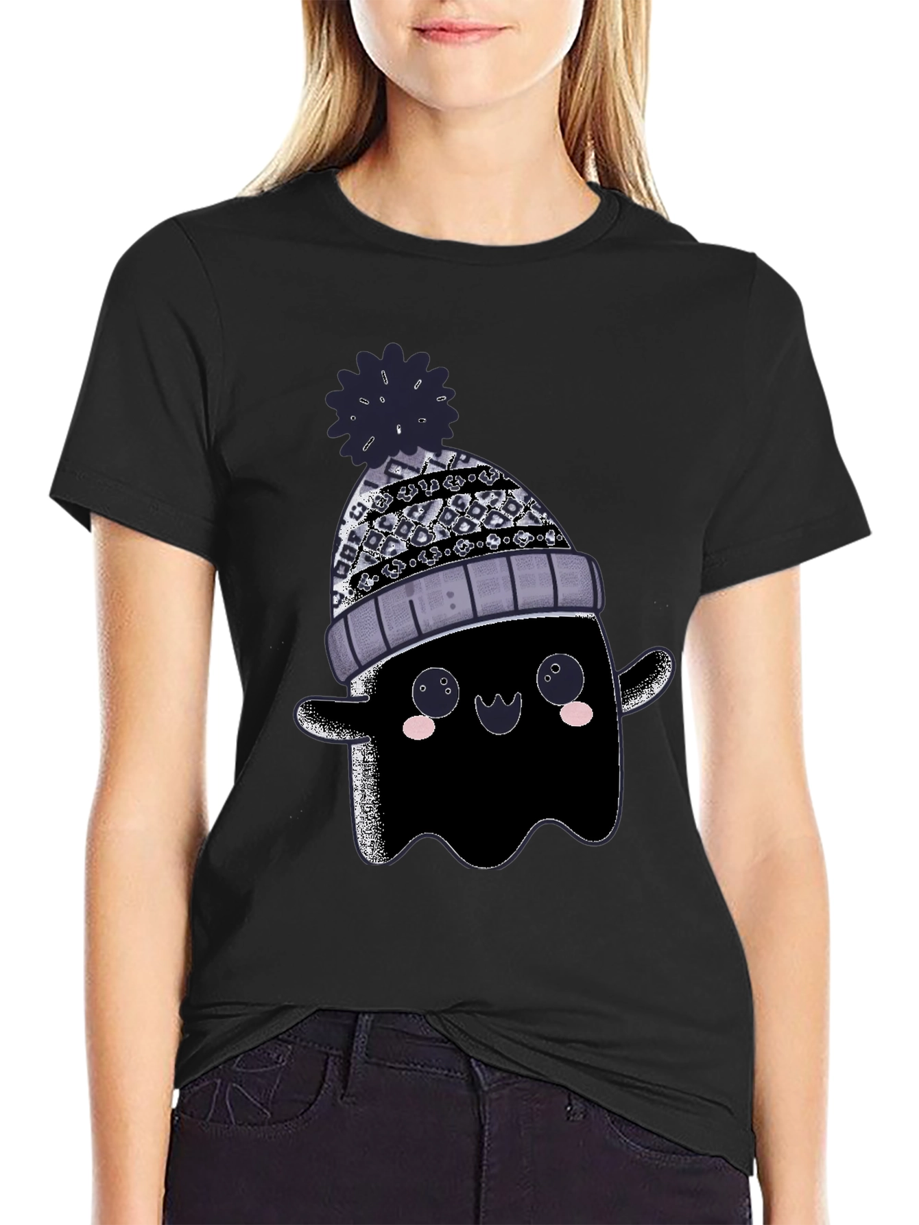 Cute Ghost in Beanie Graphic Tee