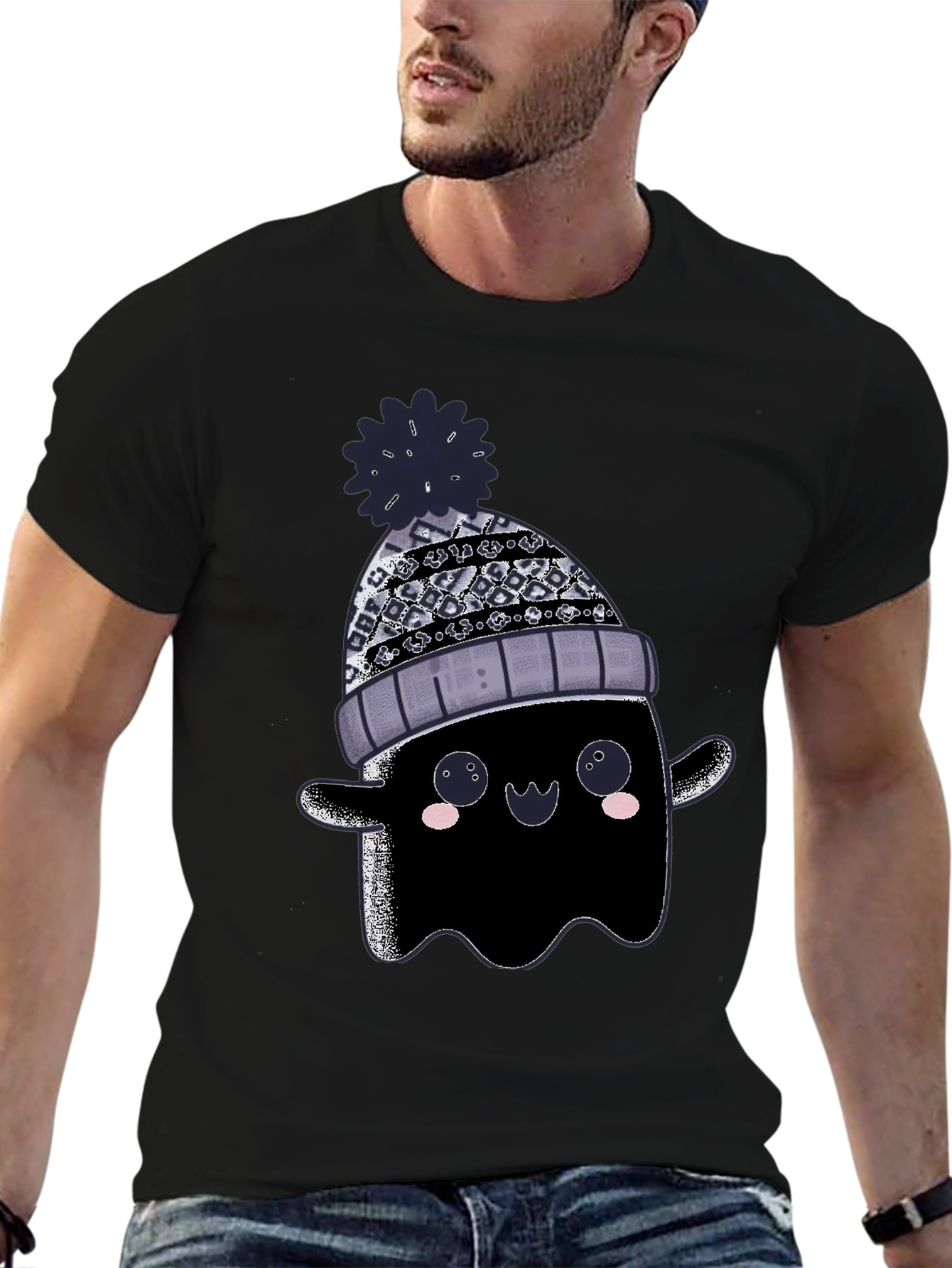 Cute Ghost in Beanie Graphic Tee