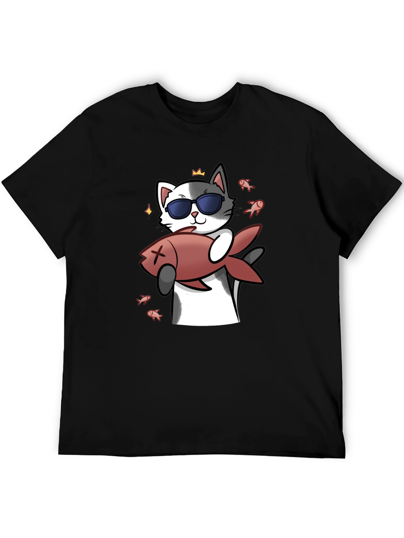 Cool Cat With Fish Graphic Tee - Black