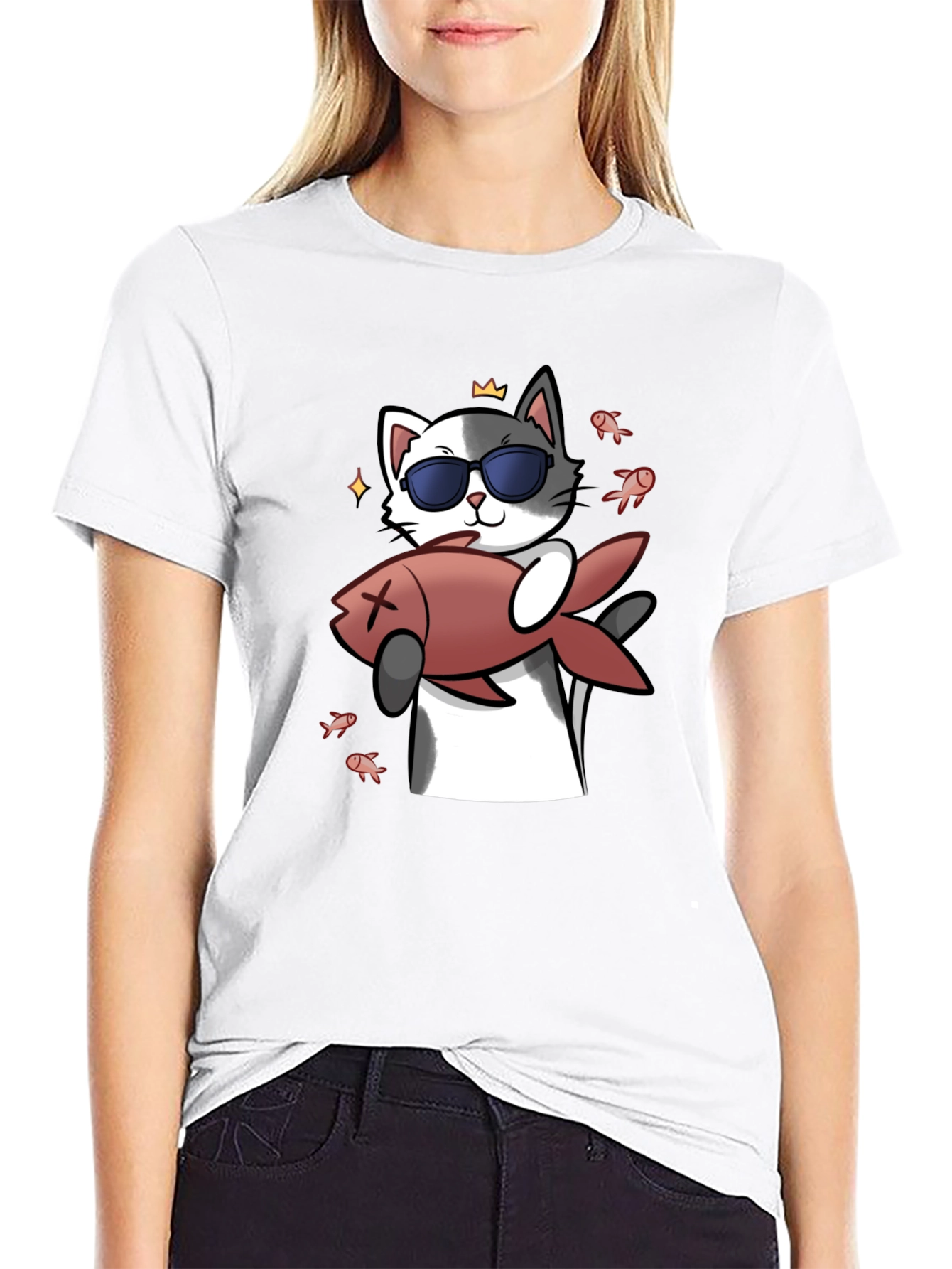 Cool Cat With Fish Graphic Tee - Black