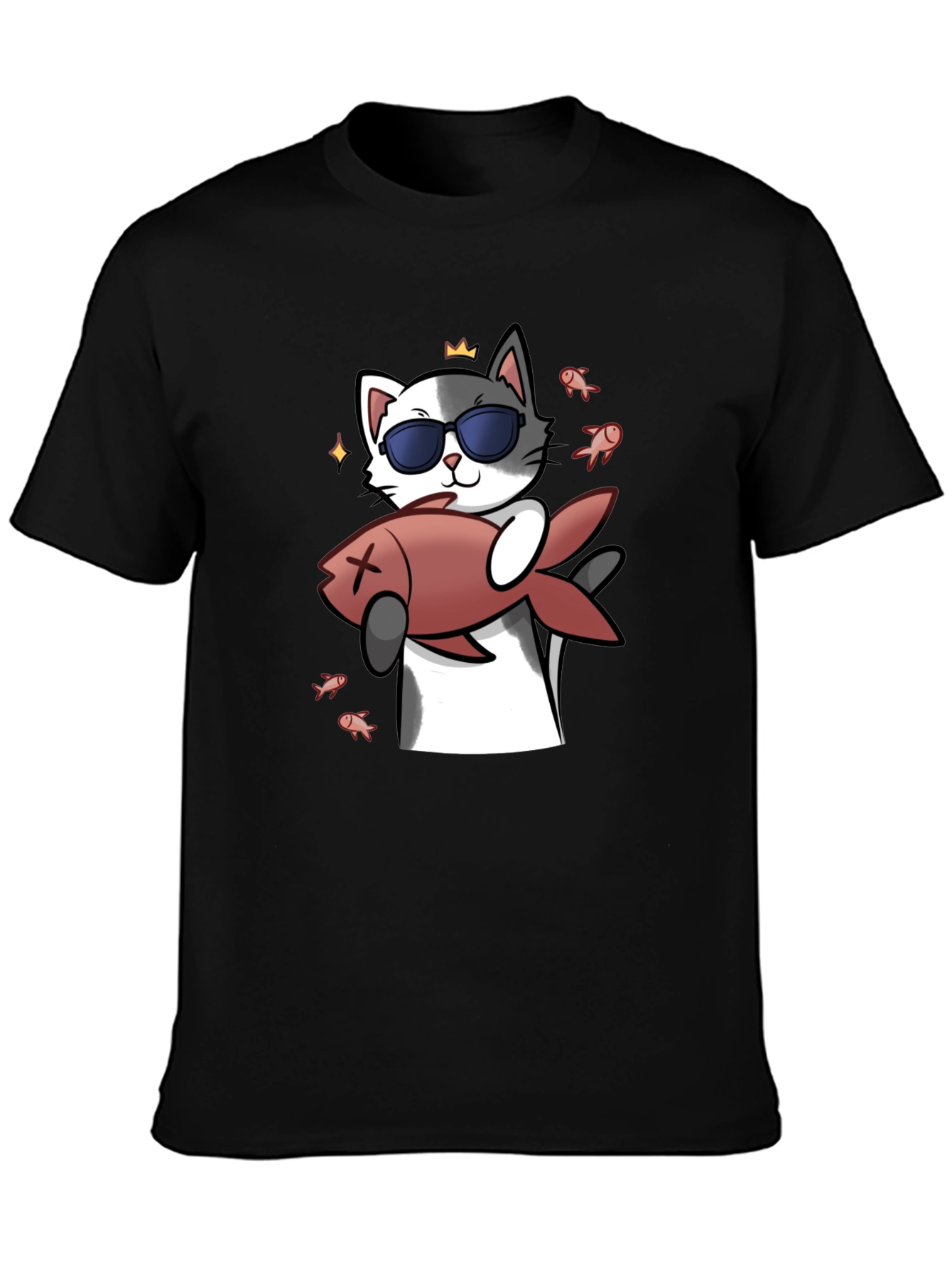 Cool Cat With Fish Graphic Tee - Black