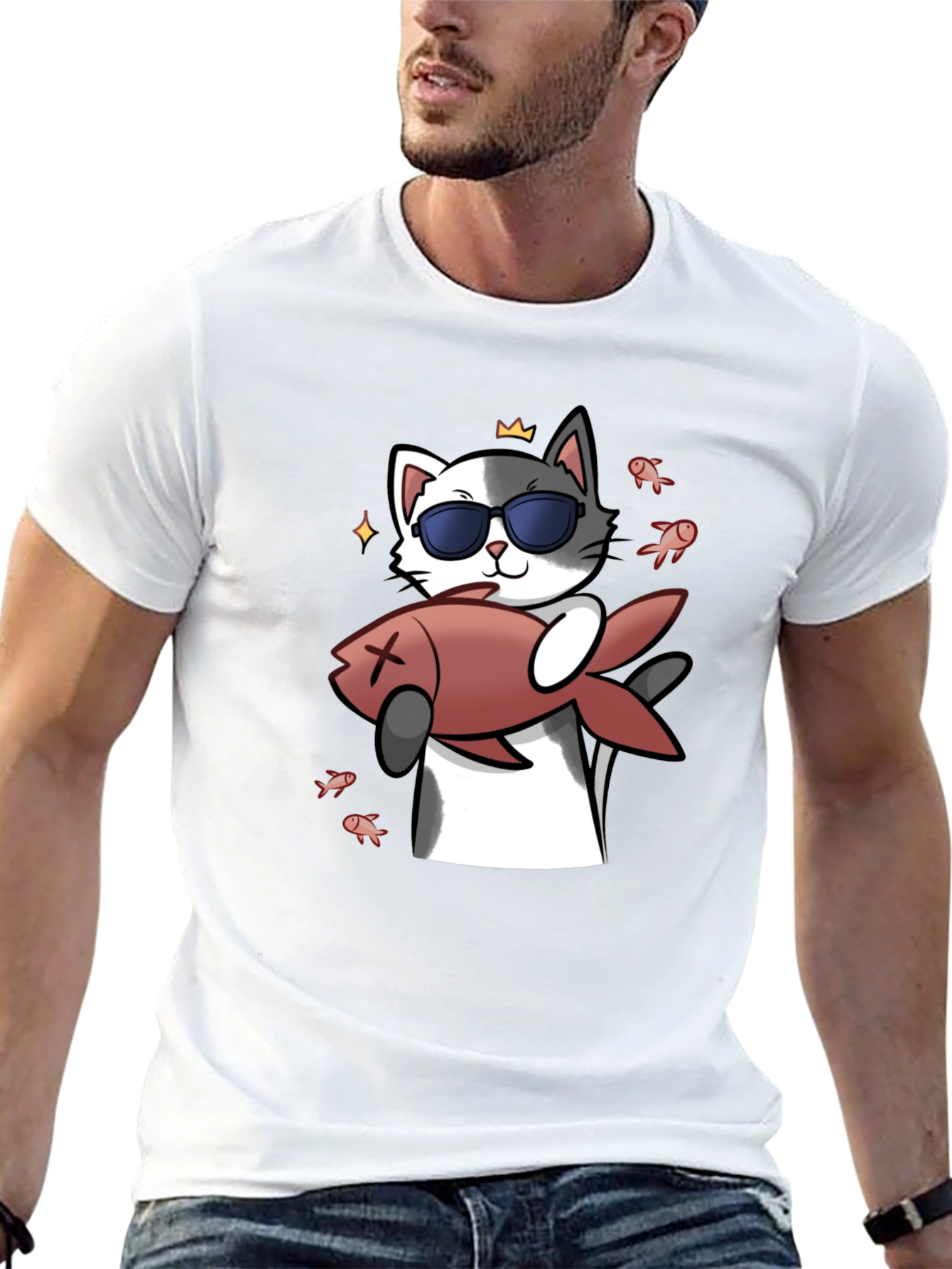 Cool Cat With Fish Graphic Tee - Black