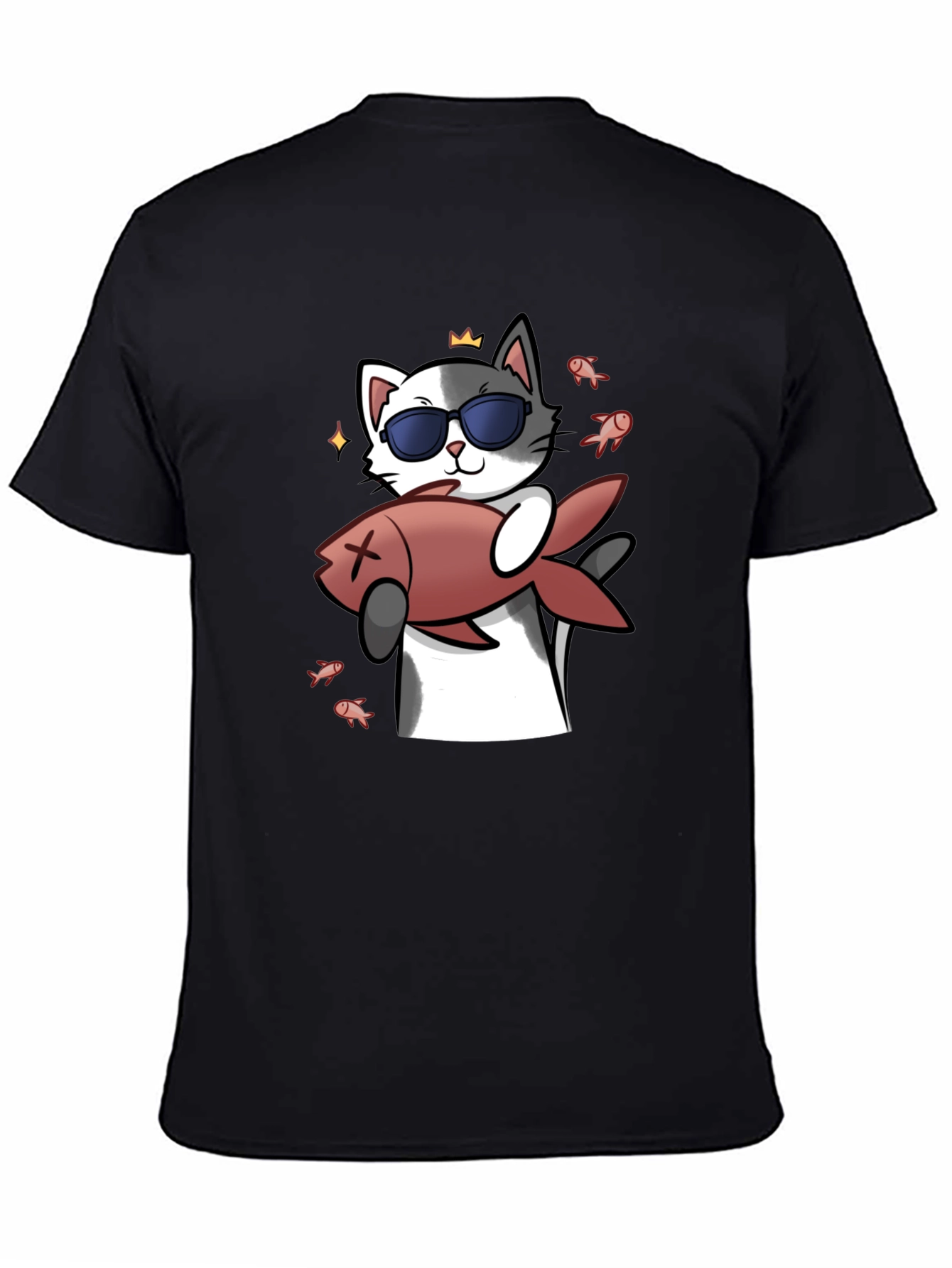 Cool Cat With Fish Graphic Tee - Black