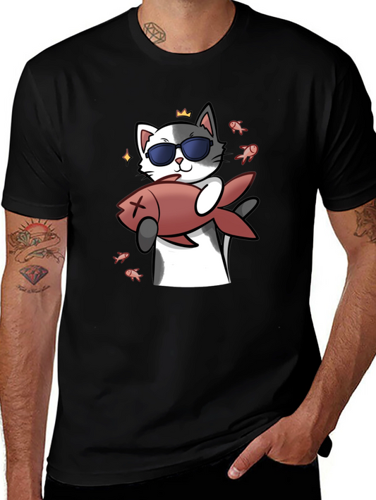 Cool Cat With Fish Graphic Tee - Black