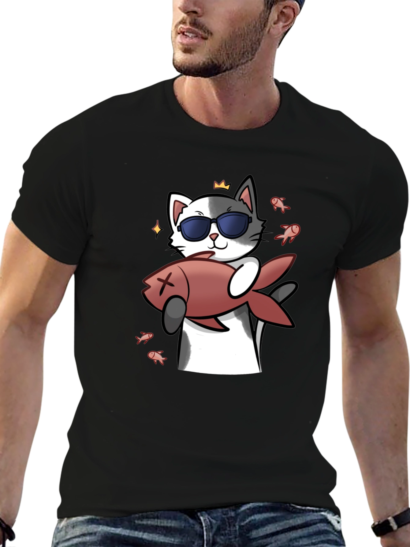 Cool Cat With Fish Graphic Tee - Black