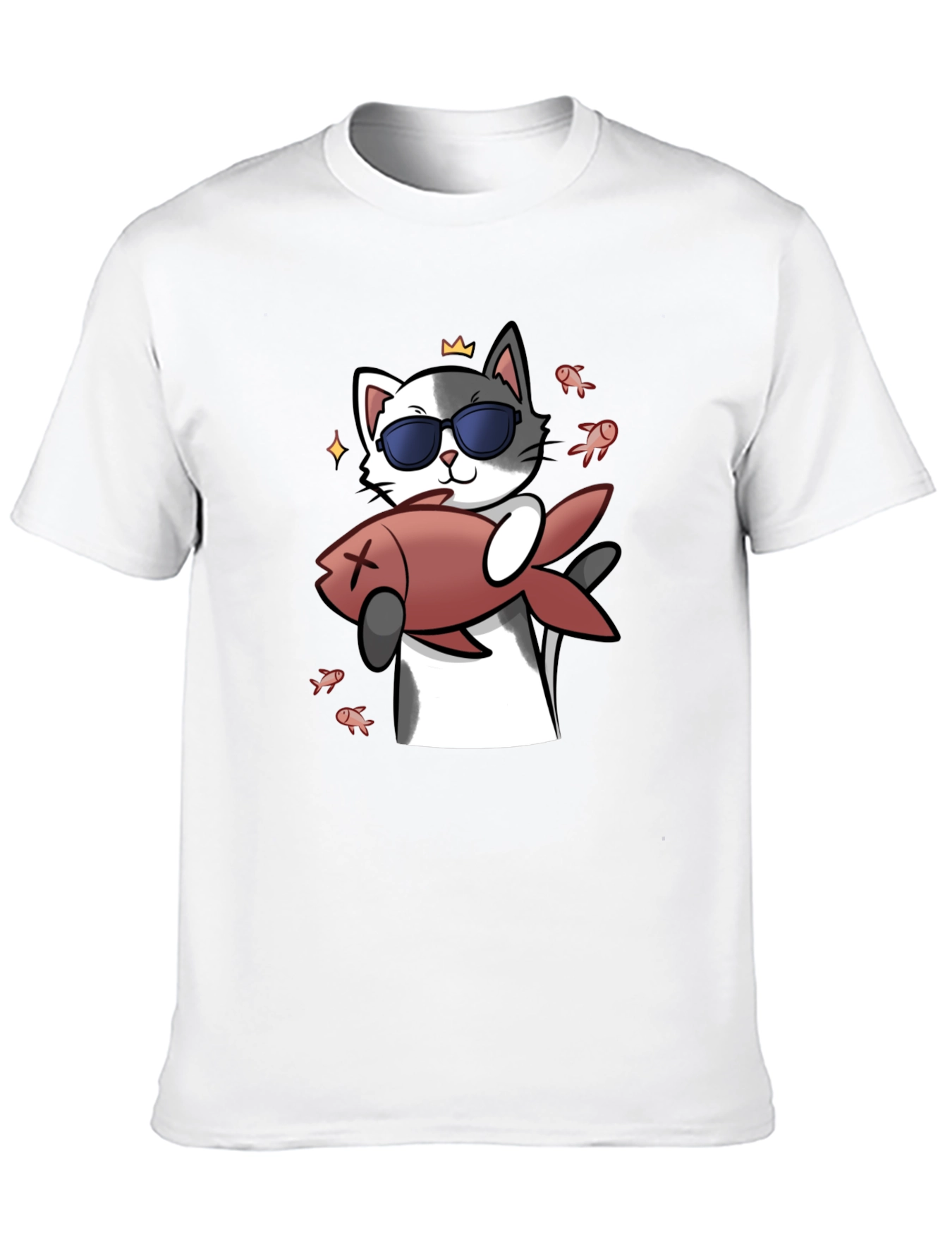 Cool Cat With Fish Graphic Tee - Black