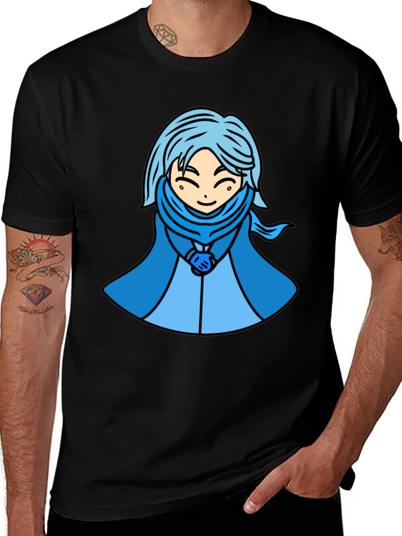 Anime Style Blue Haired Character Graphic T-Shirt