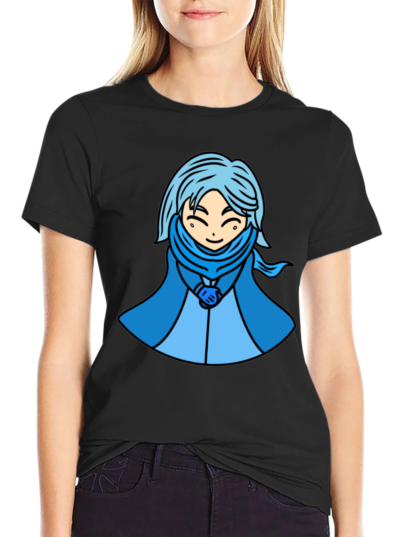 Anime Style Blue Haired Character Graphic T-Shirt