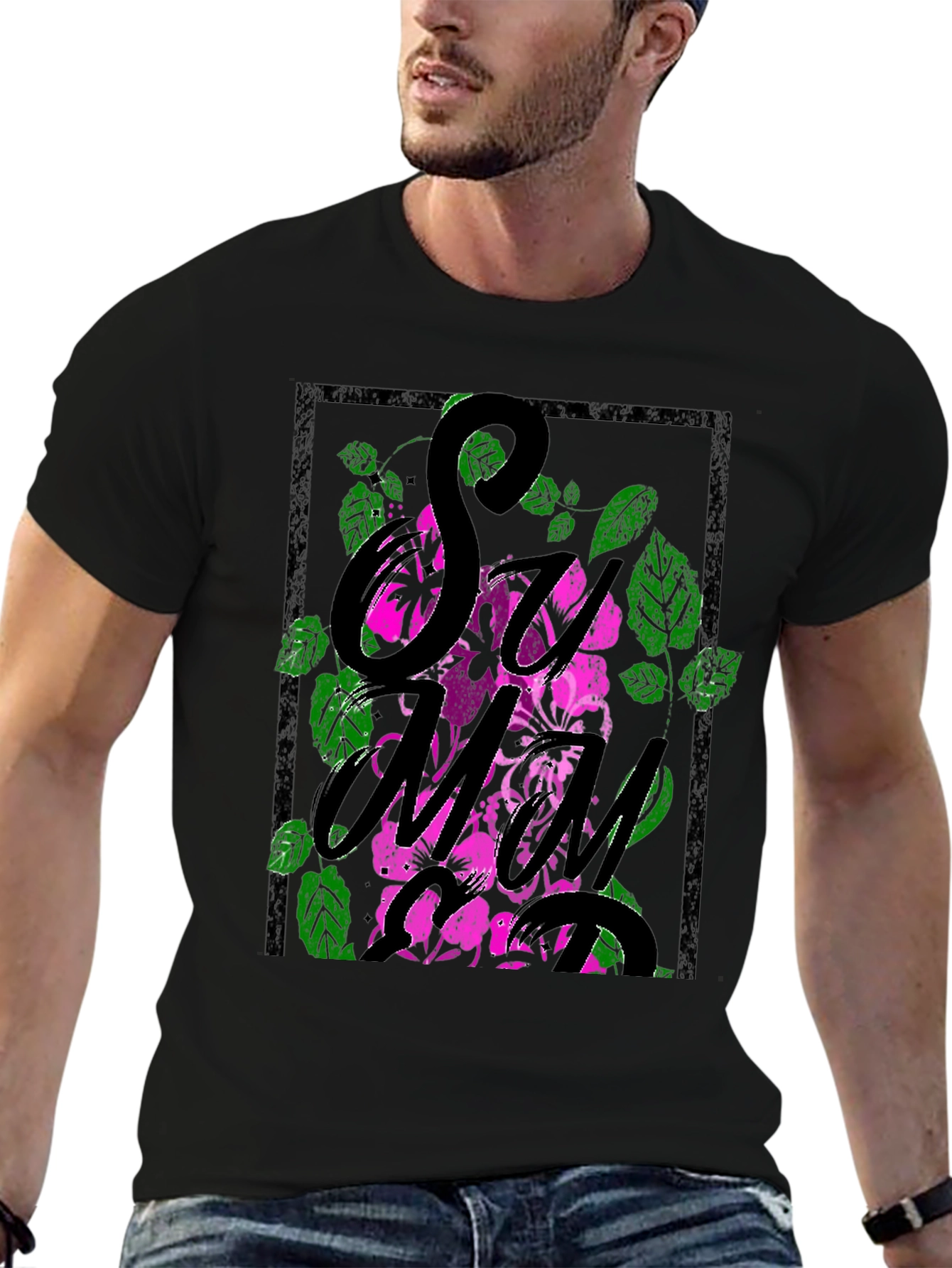 Floral Graphic Print Mens Black T-Shirt