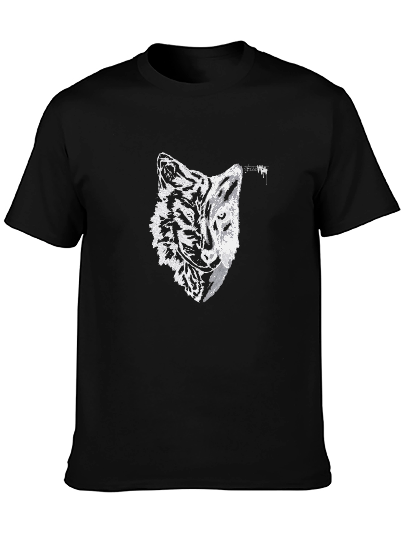 Black Tee with Half Wolf Half Tiger Graphic