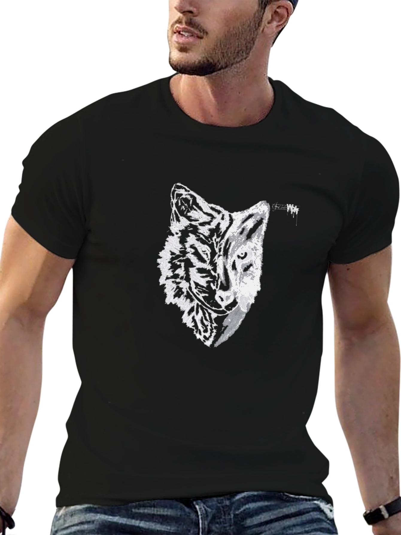 Black Tee with Half Wolf Half Tiger Graphic