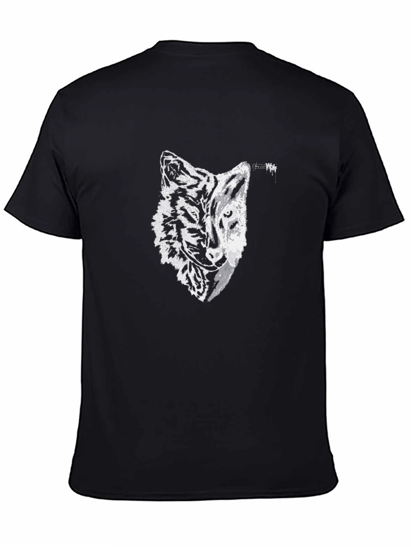 Black Tee with Half Wolf Half Tiger Graphic