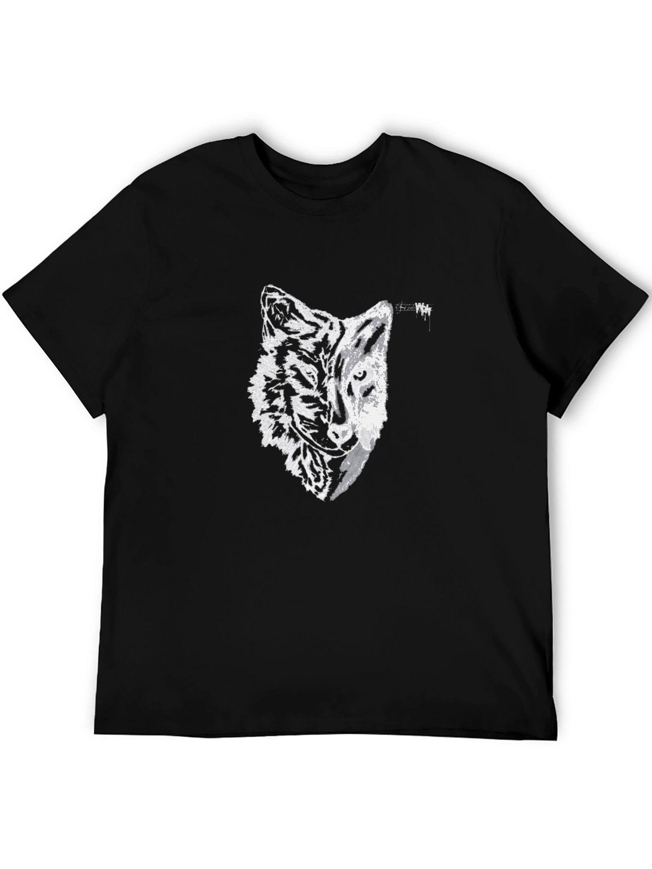 Black Tee with Half Wolf Half Tiger Graphic